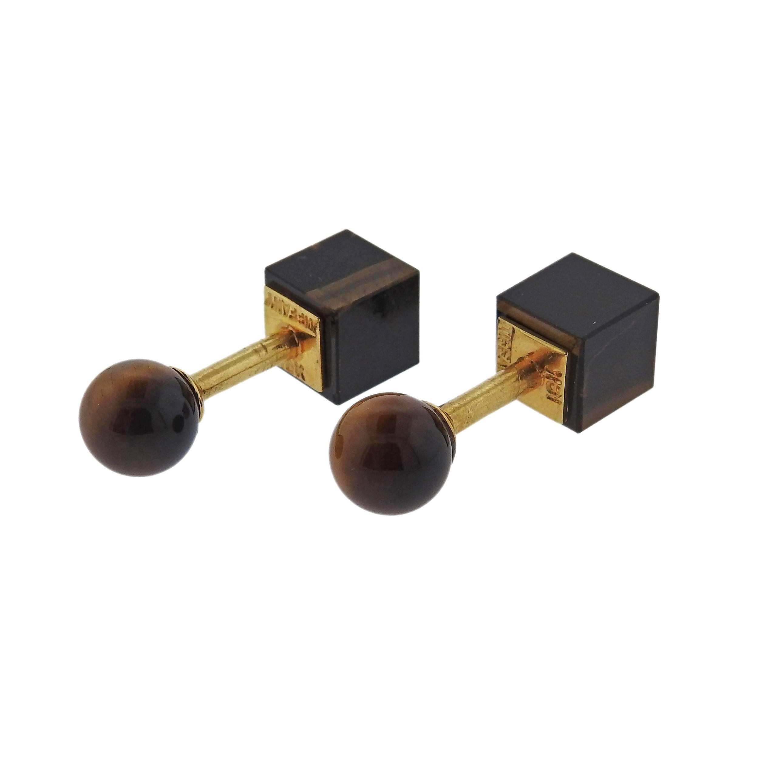 Tiffany & Co. Gold Tiger's Eye Geometric Cufflinks In Excellent Condition For Sale In Lambertville, NJ