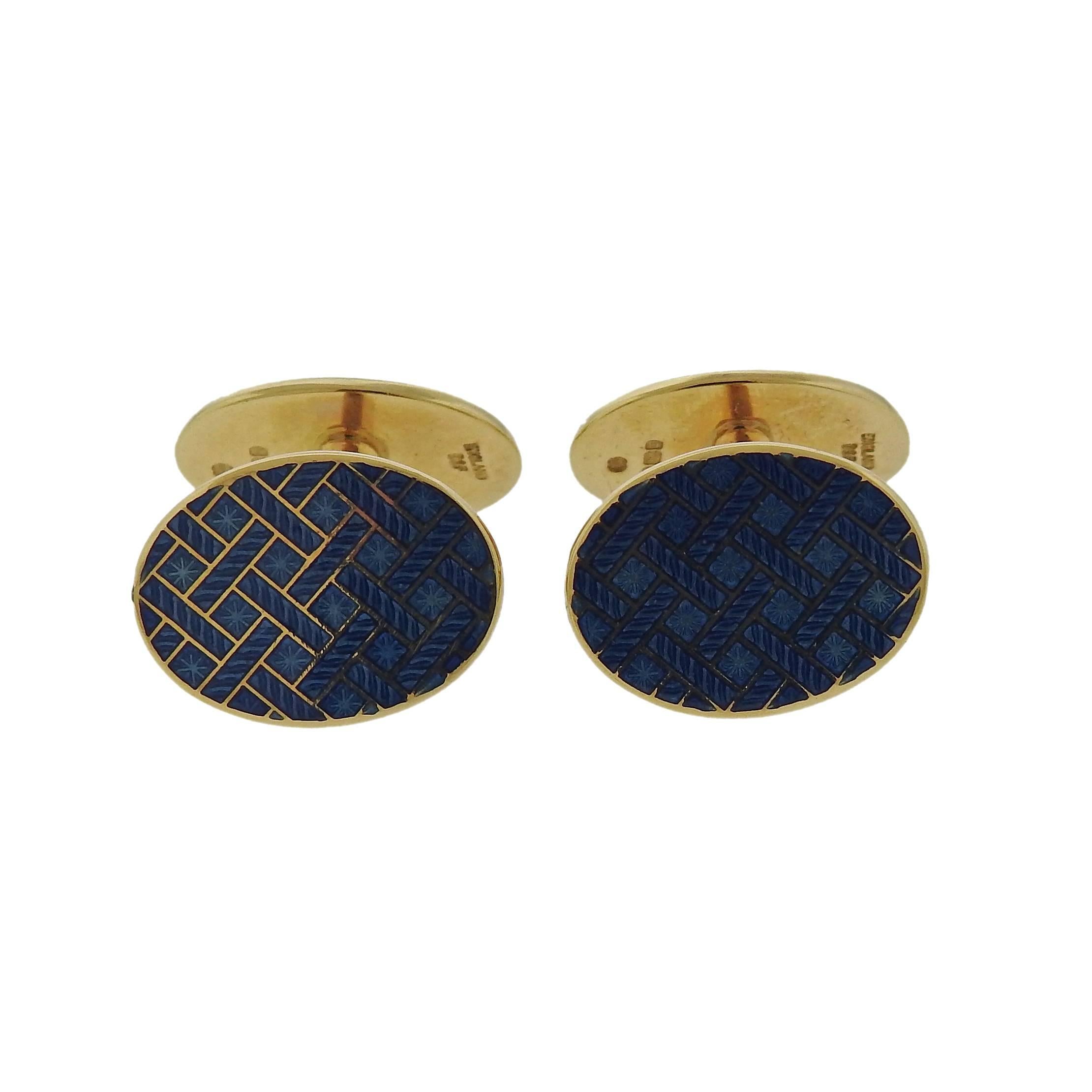 Verdura Blue Enamel Gold Oval Cufflinks In Excellent Condition In Lambertville, NJ