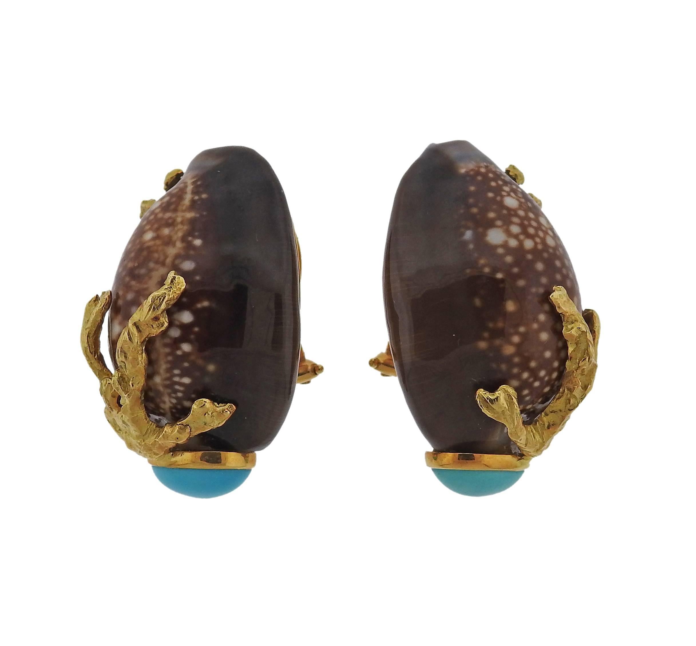 Pair of 18k yellow gold earrings, crafted by Trianon, set with shell and turquoise. Earrings are 31mm x 23mm, weight - 27.6 grams. Marked: 750, Trianon, Maker's hallmark. 