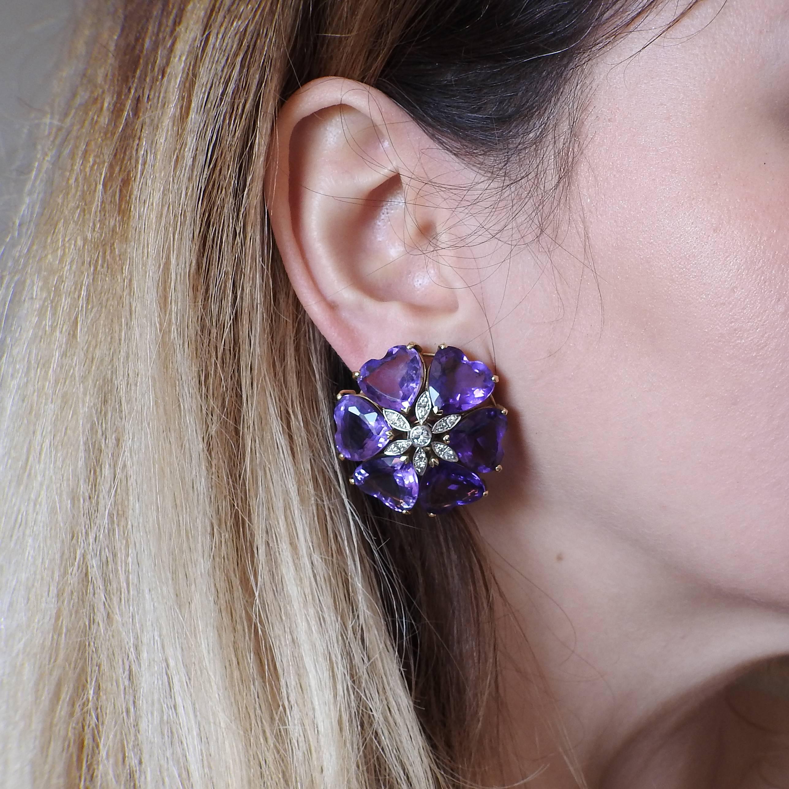 Women's Retro Amethyst Diamond Gold Large Flower Earrings