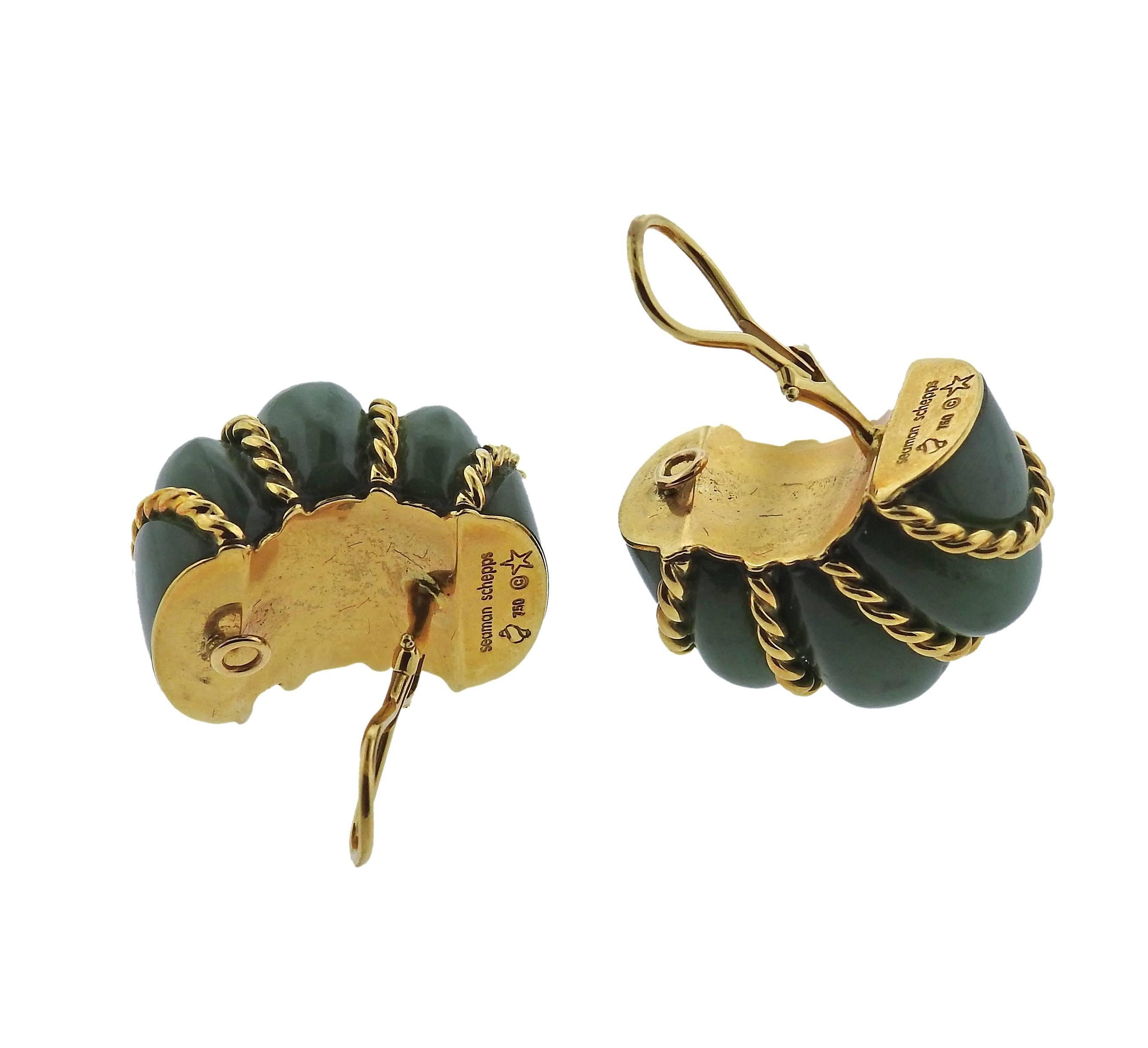 Pair of 18k gold shrimp earrings, crafted by Seaman Schepps, set with aventurine. Earrings measure 28mm x 20mm, weight - 49.8 grams. Marked: Star, Seaman Schepps, Shell mark, 750 