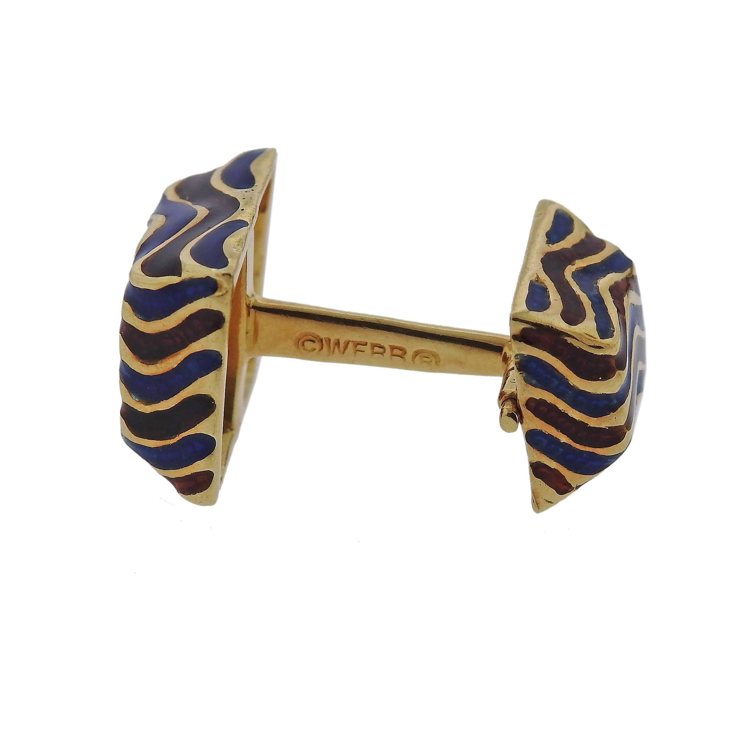 David Webb Blue Red Enamel Gold Cufflinks In Excellent Condition In Lambertville, NJ