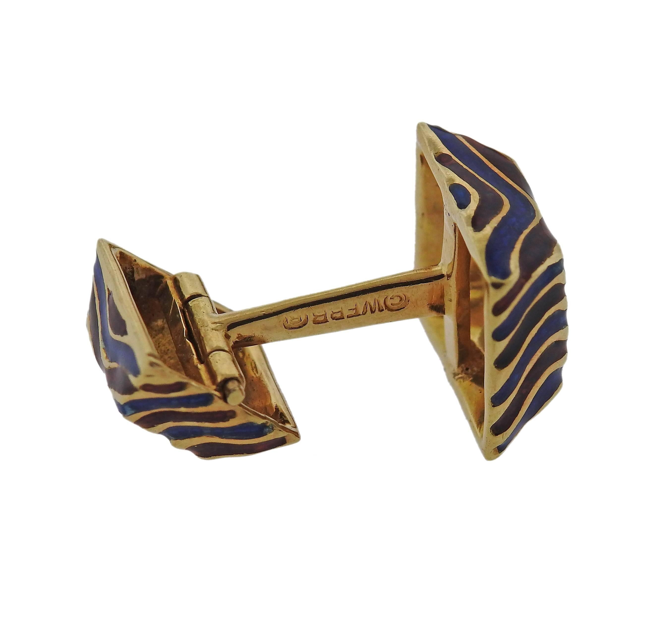 Men's David Webb Blue Red Enamel Gold Cufflinks