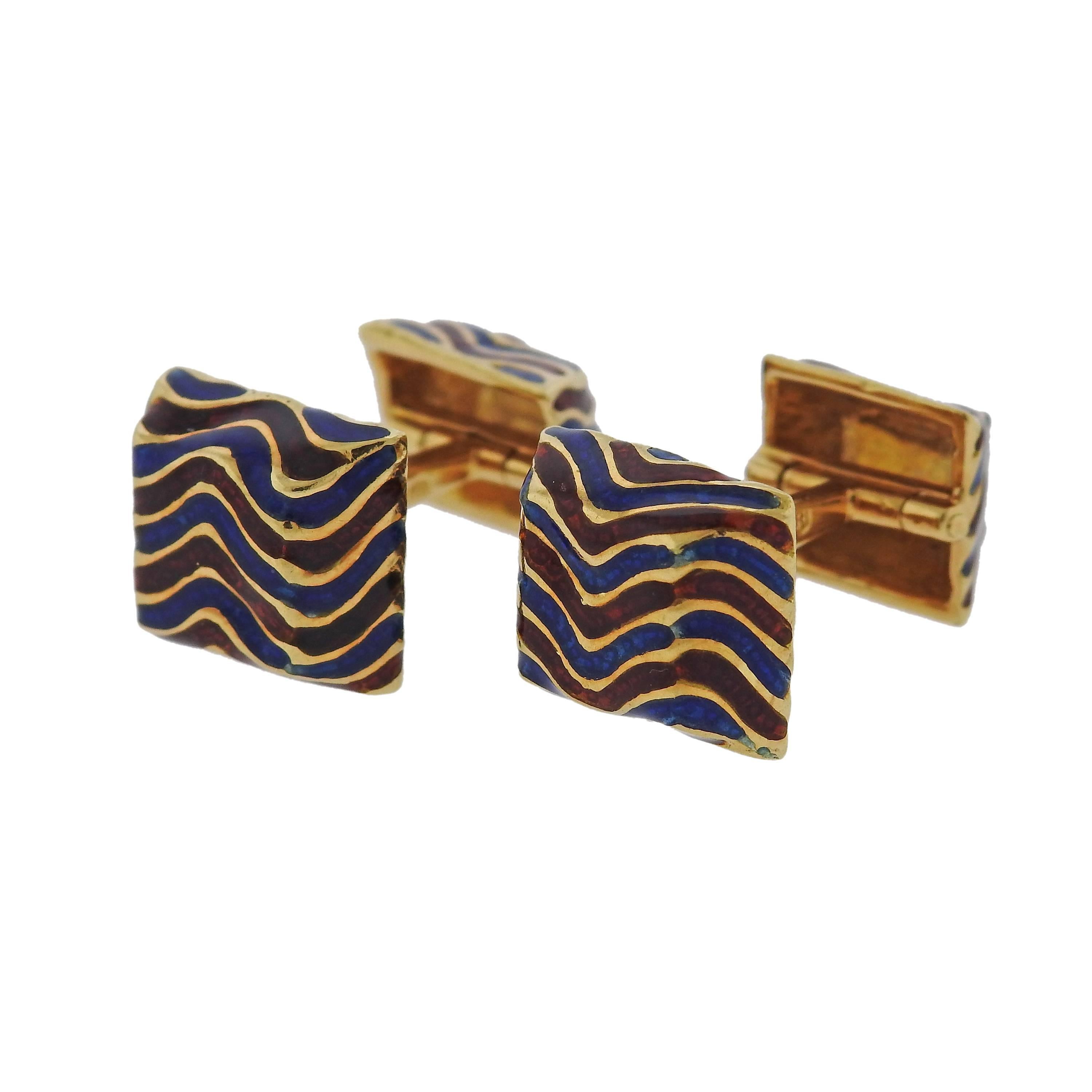 David Webb Blue Red Enamel Gold Cufflinks