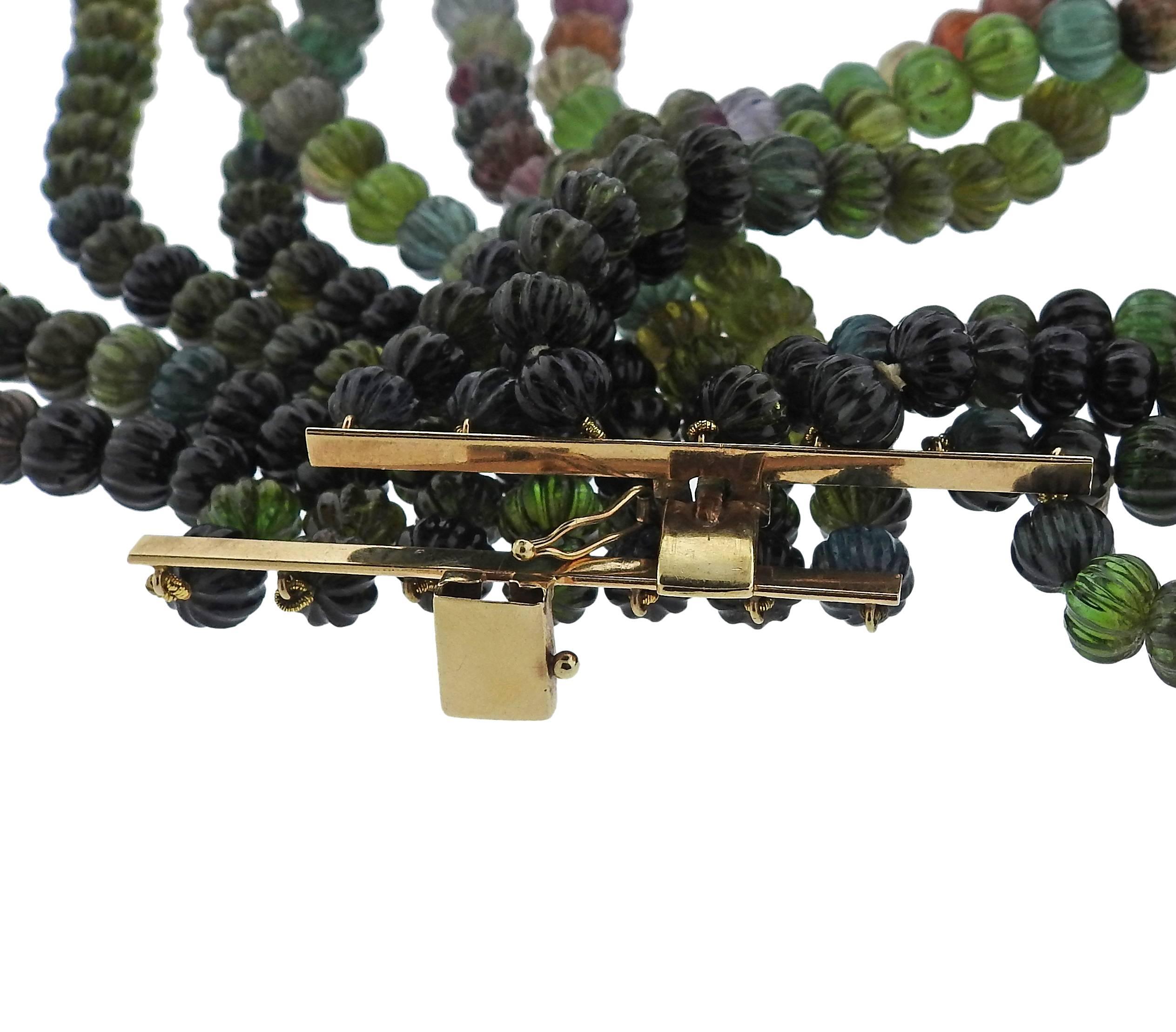 Carved Multi-Color Tourmaline Gold Necklace In Excellent Condition In Lambertville, NJ