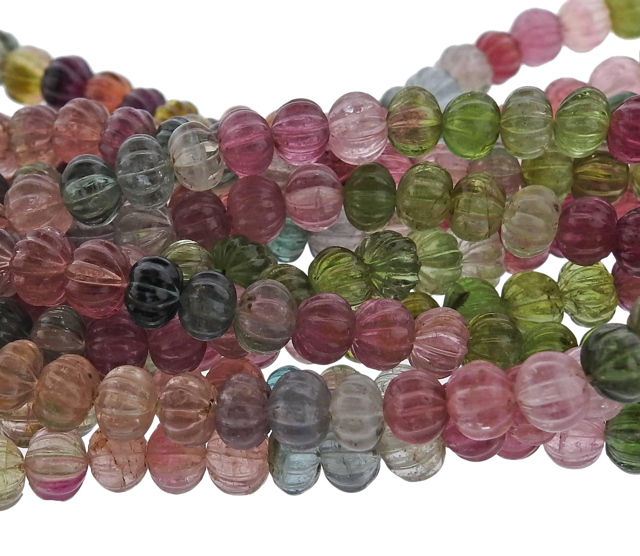 Women's or Men's Carved Multi-Color Tourmaline Gold Necklace