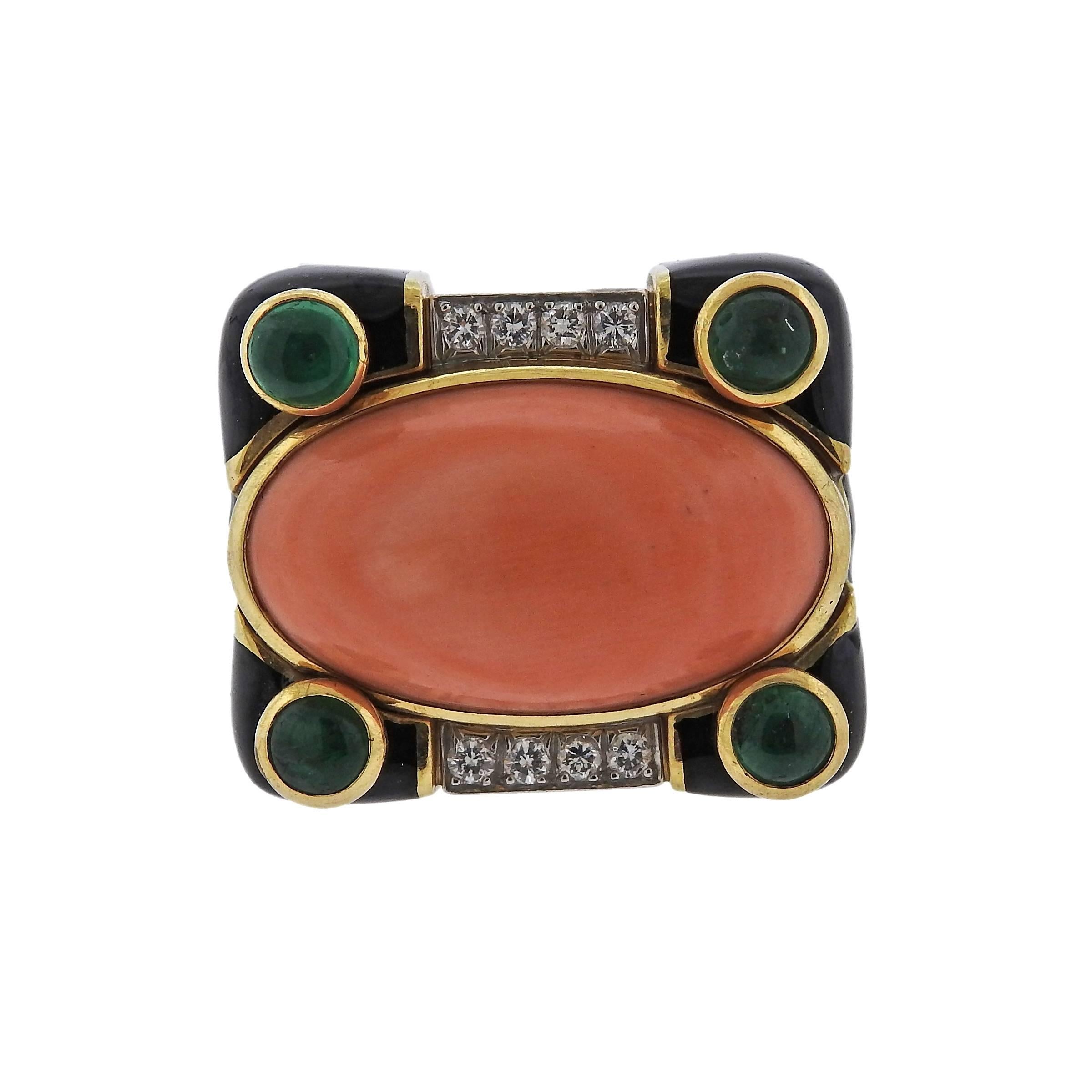 Gorgeous 18k gold platinum enamel ring. Crafted by David Webb and featuring coral, emeralds, and approximately 0.32ctw of H/VS diamonds. Ring is a size 6, ring top is 22mm x 25mm. Marked Webb, plat 18k. Weight is 32.3 grams. 