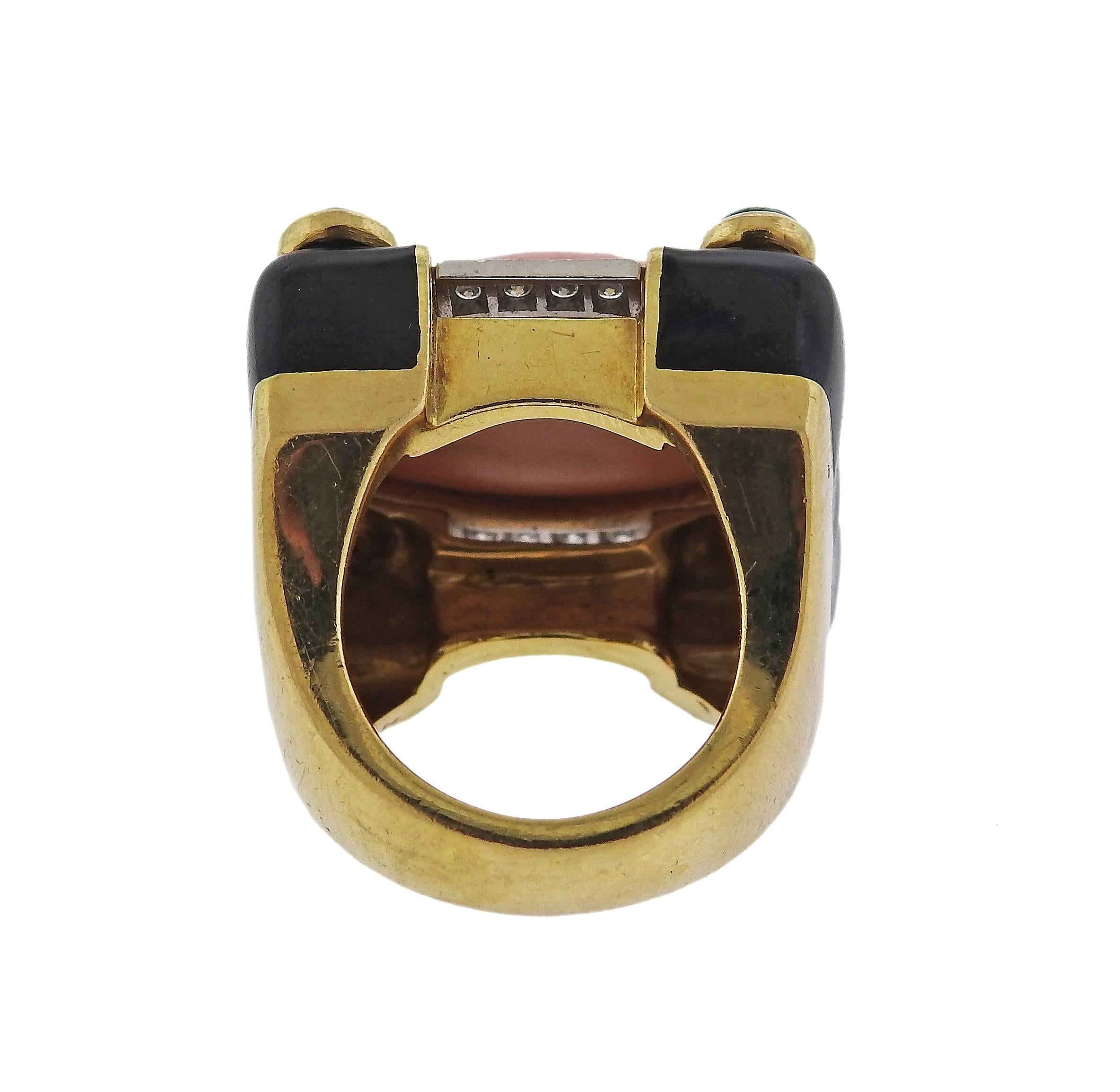 David Webb Coral Enamel Emerald Gold Platinum Ring 1