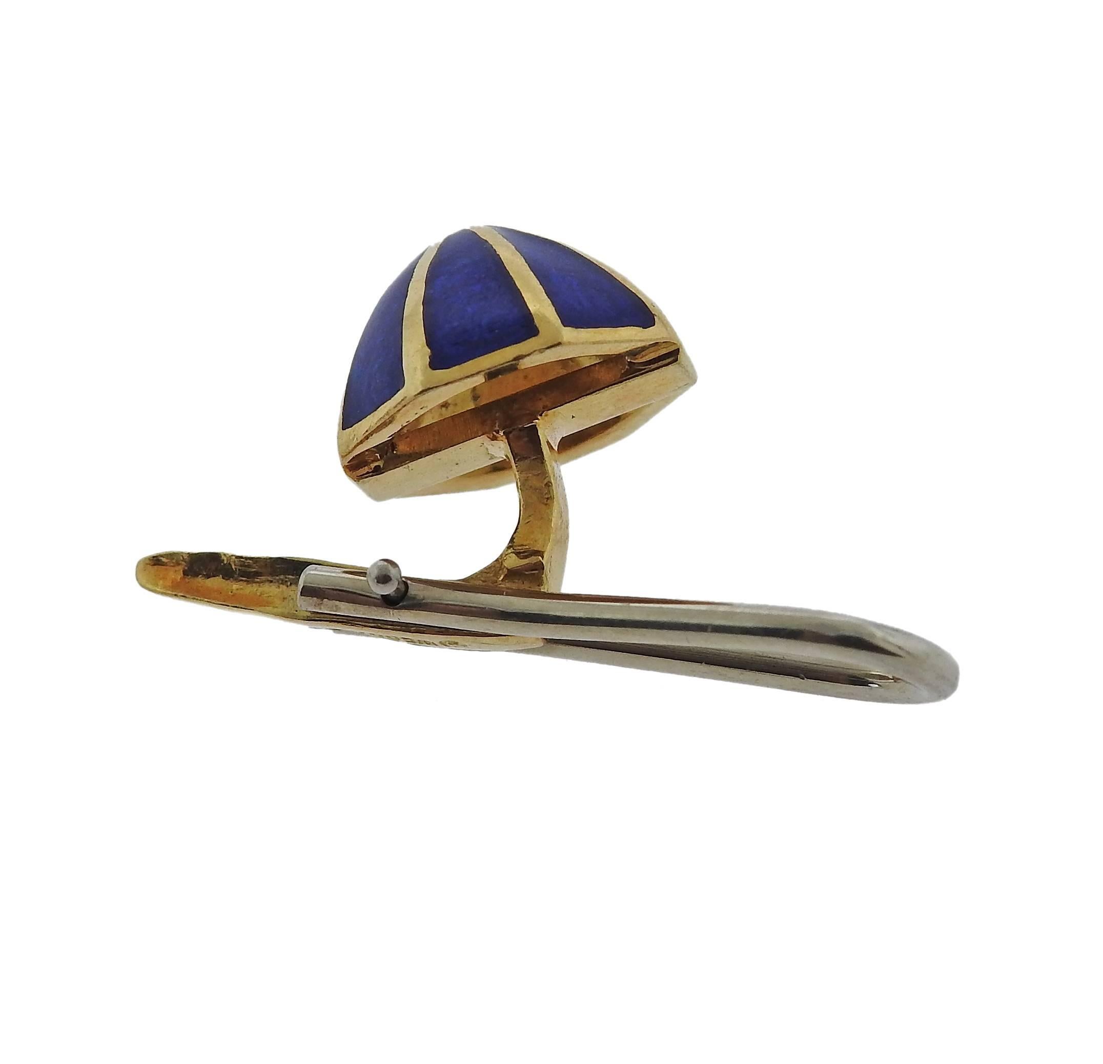 David Webb Blue Enamel Gold Cufflinks Stud Set 4