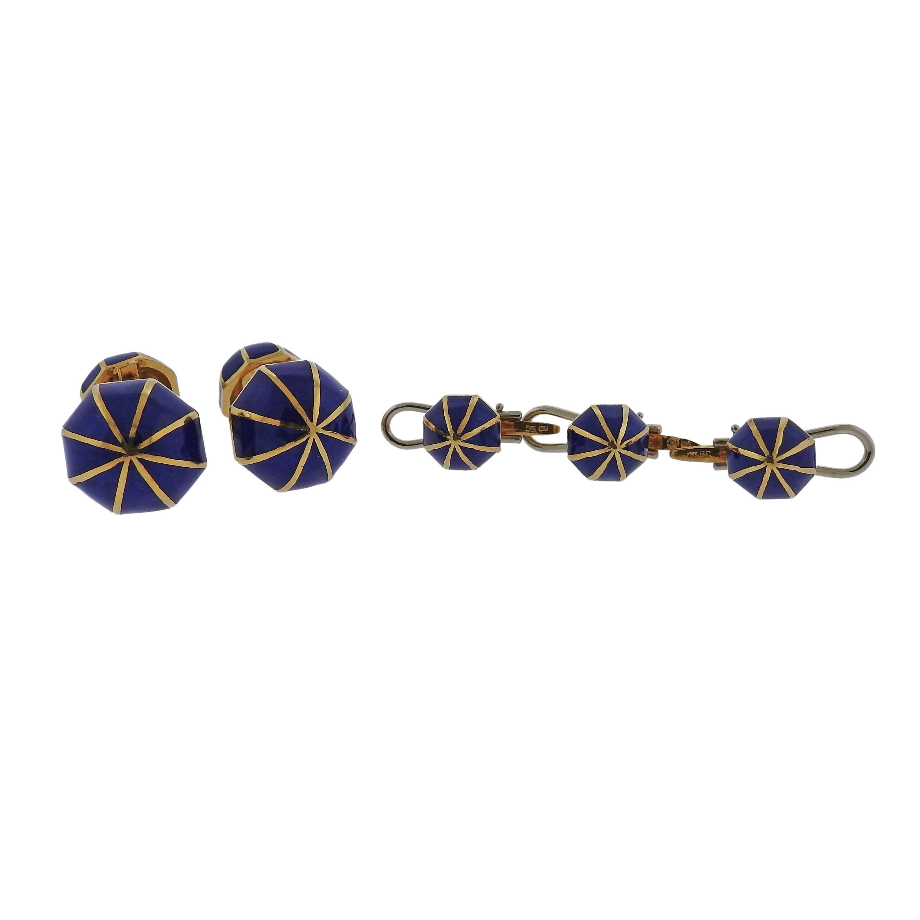 David Webb Blue Enamel Gold Cufflinks Stud Set