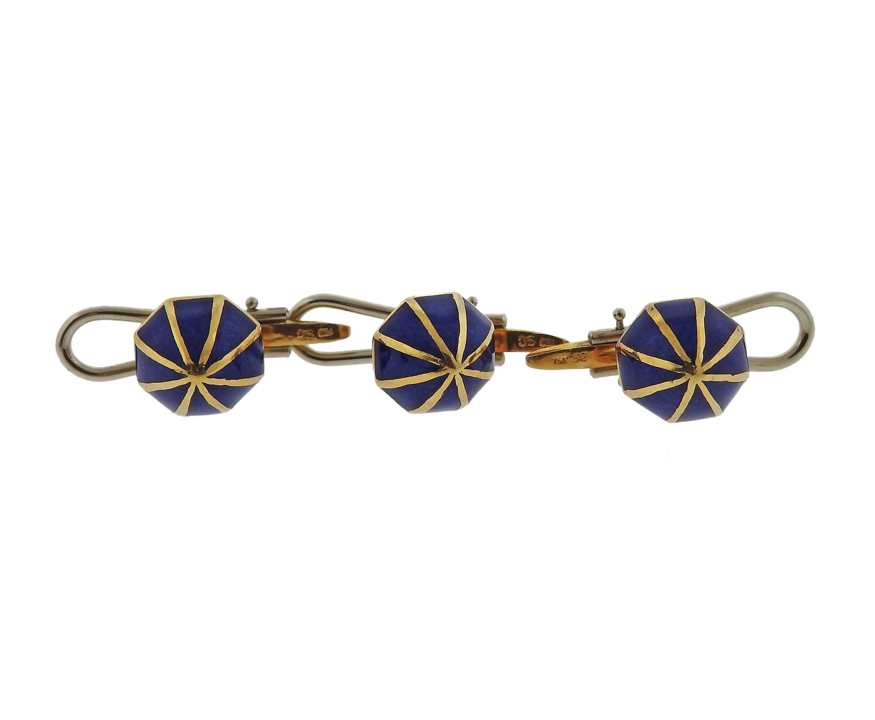 David Webb Blue Enamel Gold Cufflinks Stud Set 3