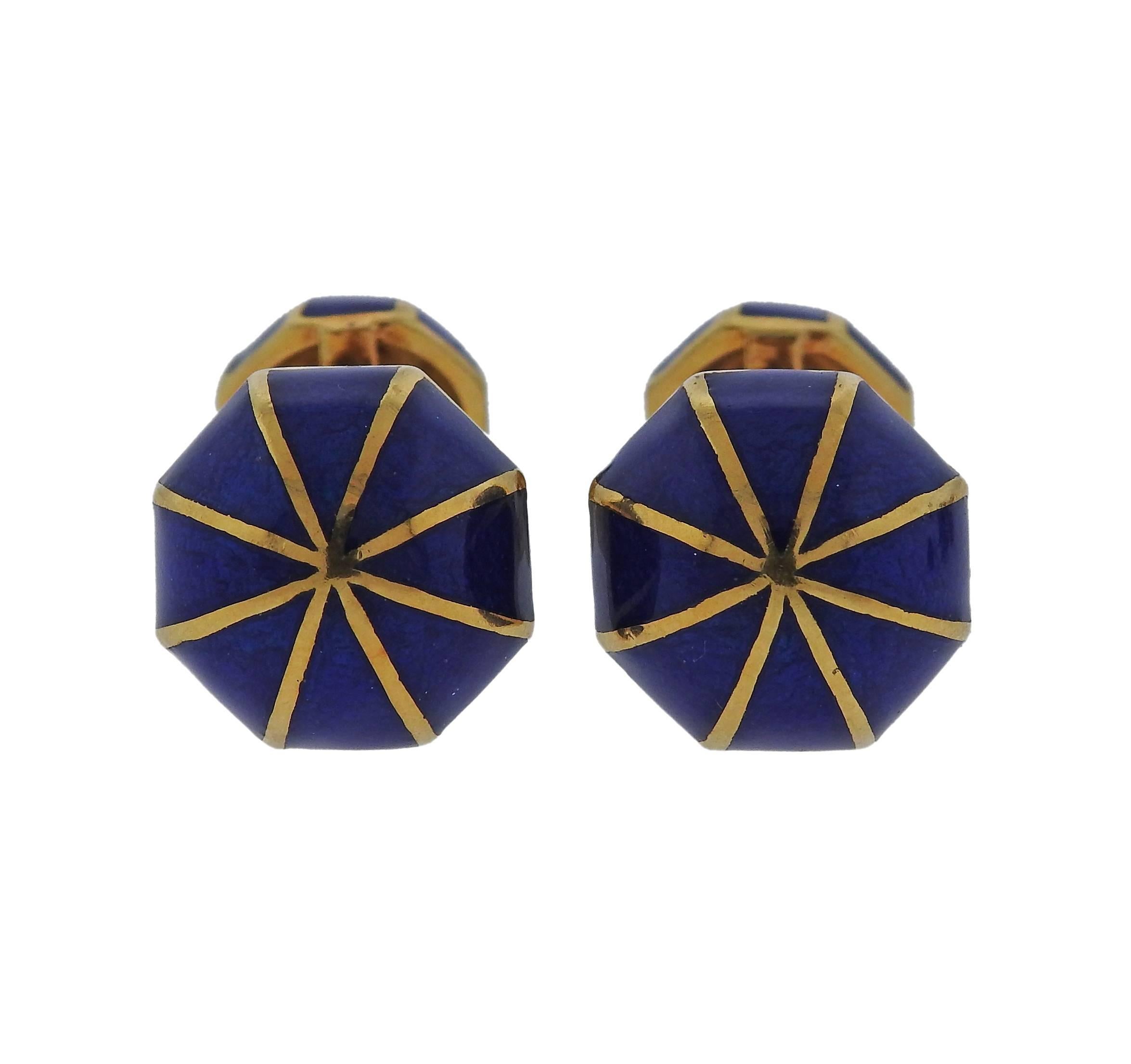 18k gold blue enamel cufflinks stud set crafted by David Webb. Cufflink top measures 15mm x 15mm, back - 12mm x 12mm, stud top - 10.5mm x 10.5mm. Marked Webb, 18k, SC 750. Weight is 32.6 grams.