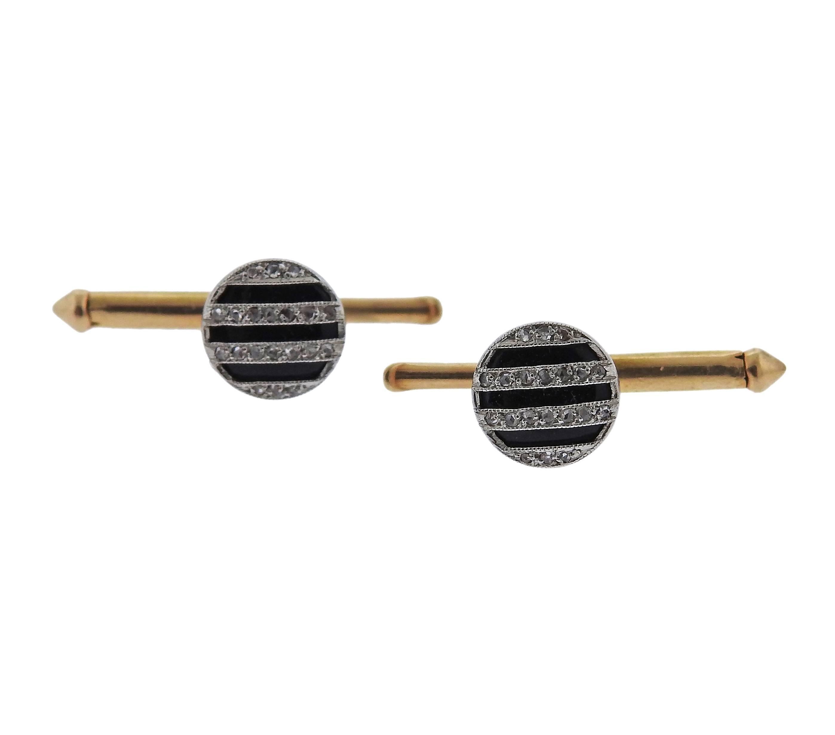 Women's or Men's Art Deco Enamel Diamond Gold Platinum Cufflinks Button Stud Set For Sale