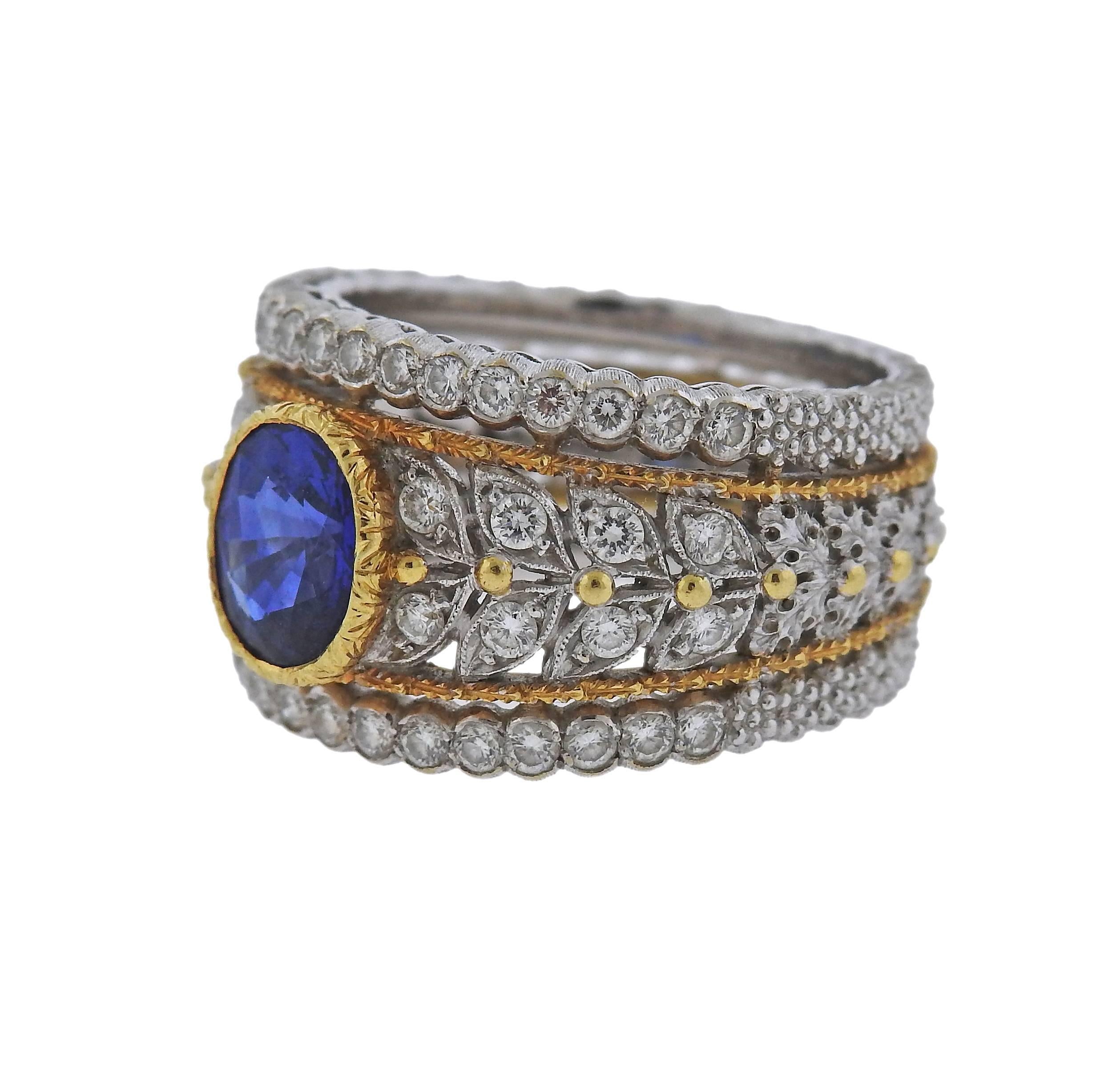 Gorgeous 18k gold ring crafted by Buccellati. Features approximately 1.50ct sapphire and 0.46ctw of H/VS diamonds. Ring size 5 1/2, widest point - 13mm. Marked Buccellati Italy 18k. Weight is 9.1 grams. Comes with Buccellati box. 