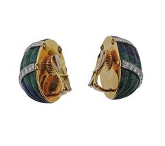 David Webb Gold Platinum Diamond Azurmalachite Earrings