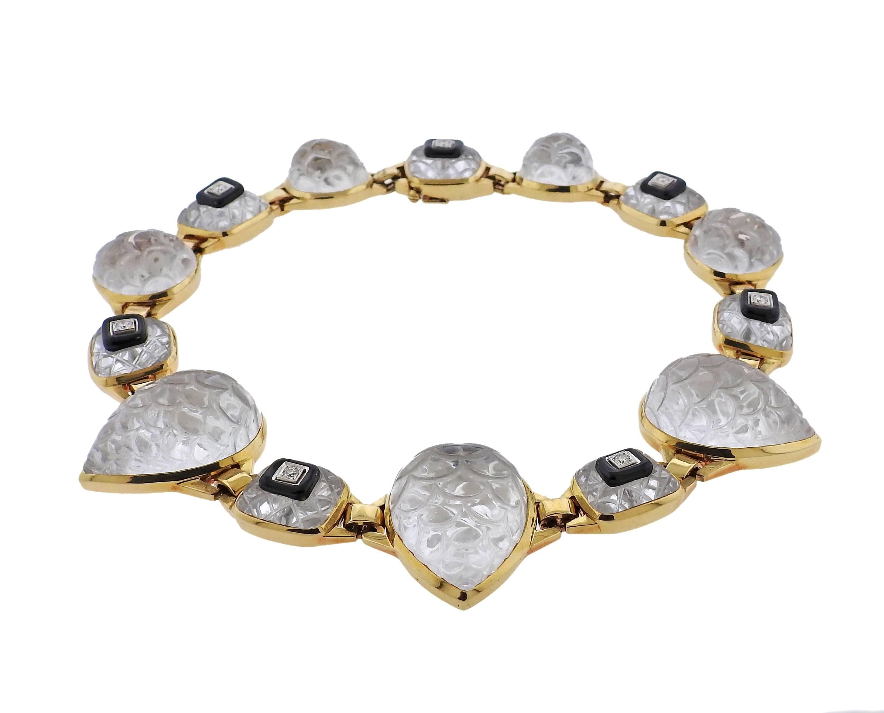 Impressive 18k gold platinum rock crystal onyx diamond necklace. Featuring approximately 0.56ctw of G-H/VS diamonds. Necklace measures 16" long and 35mm at the widest point. Marked Webb 18k plat. Weight is 196.1 grams. 