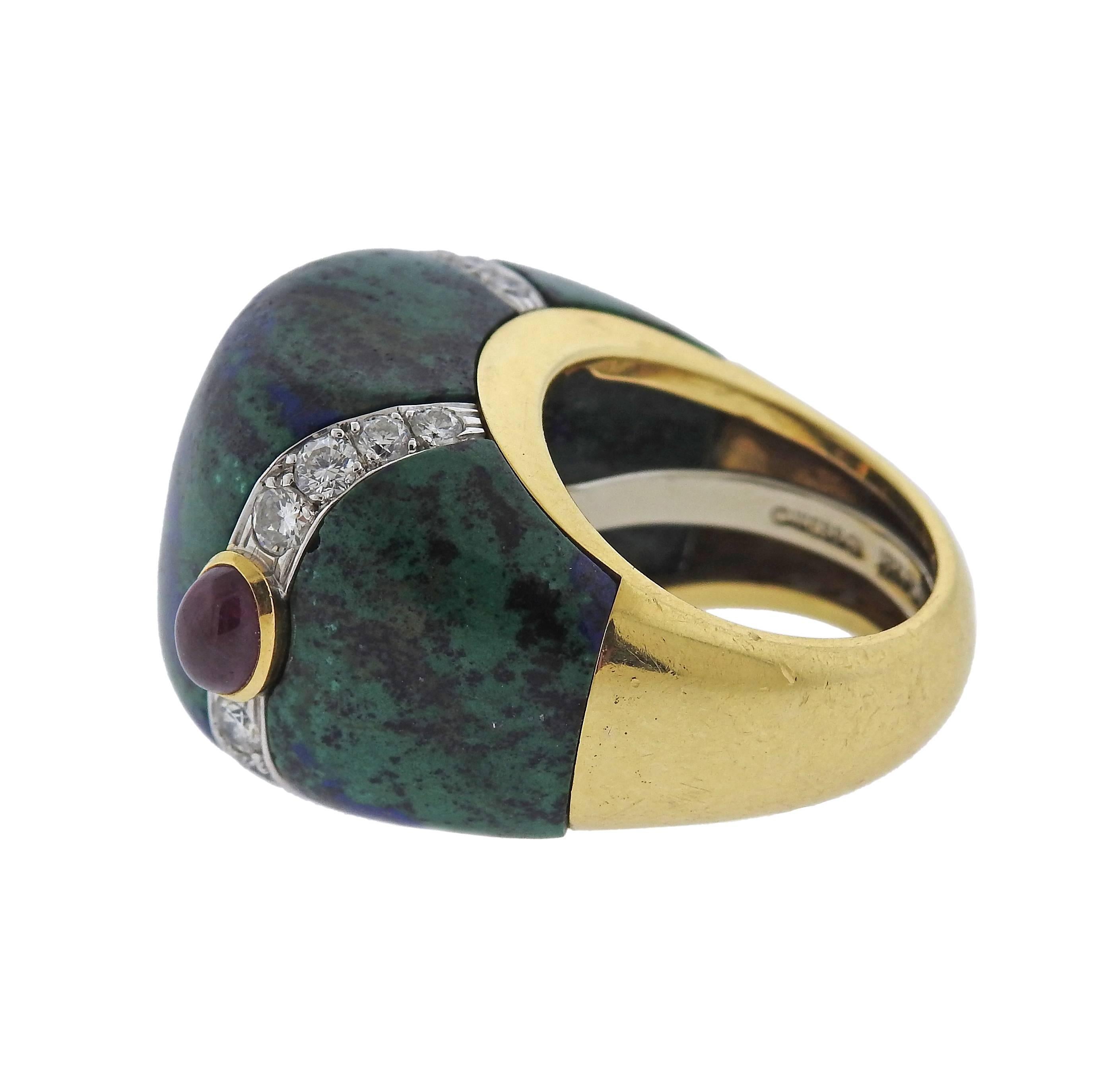 Women's or Men's David Webb Azurmalachite Diamond Ruby Gold Platinum Ring