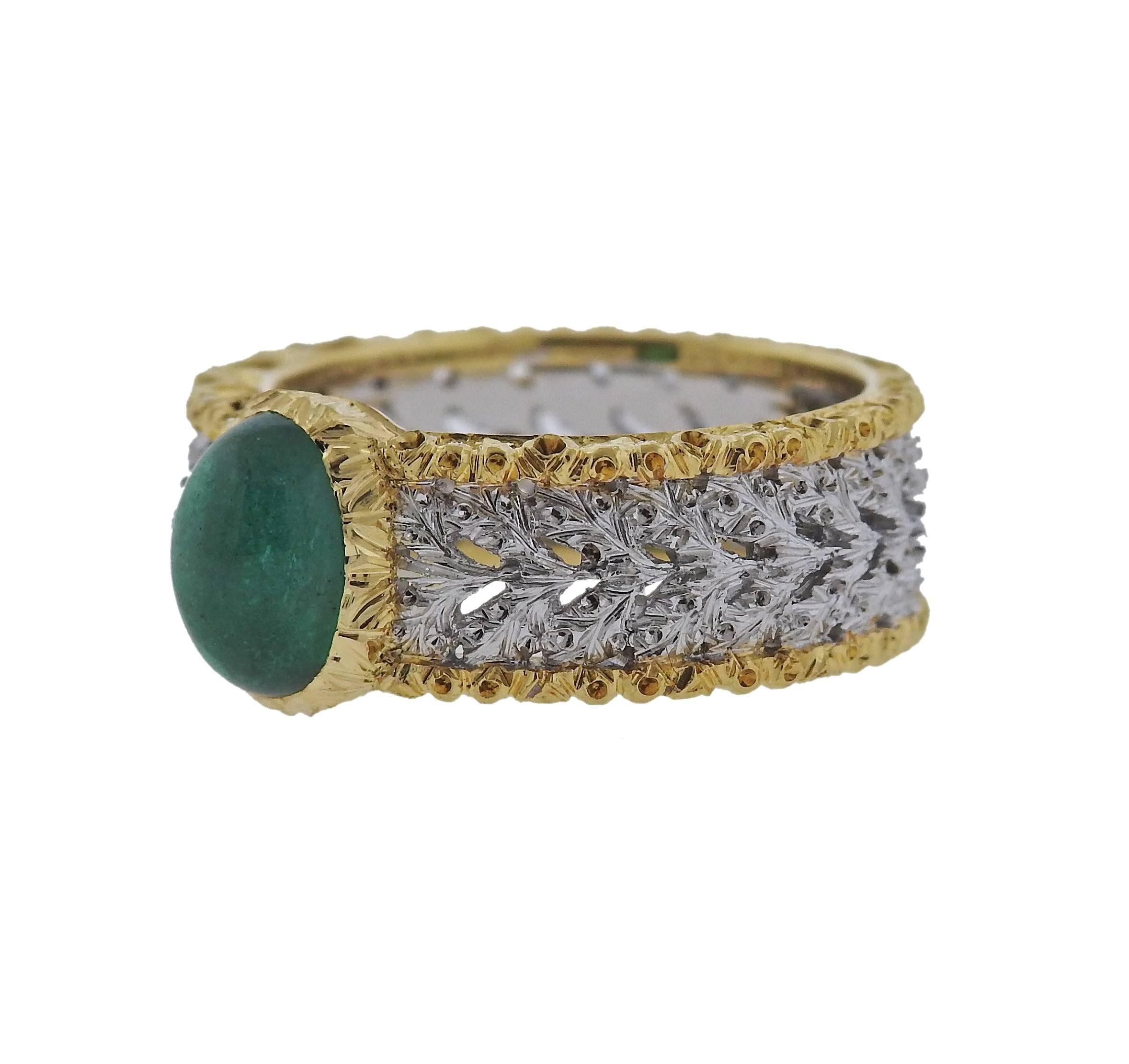 18k gold band ring crafted by Buccellati. Featuring an approximately 1.46ctw emerald cabochon. Ring is a size 6 and measures 9mm wide. Marked X5617, 18k, Buccellati, Italy , 269MI, 750. Weight is 7 grams. 