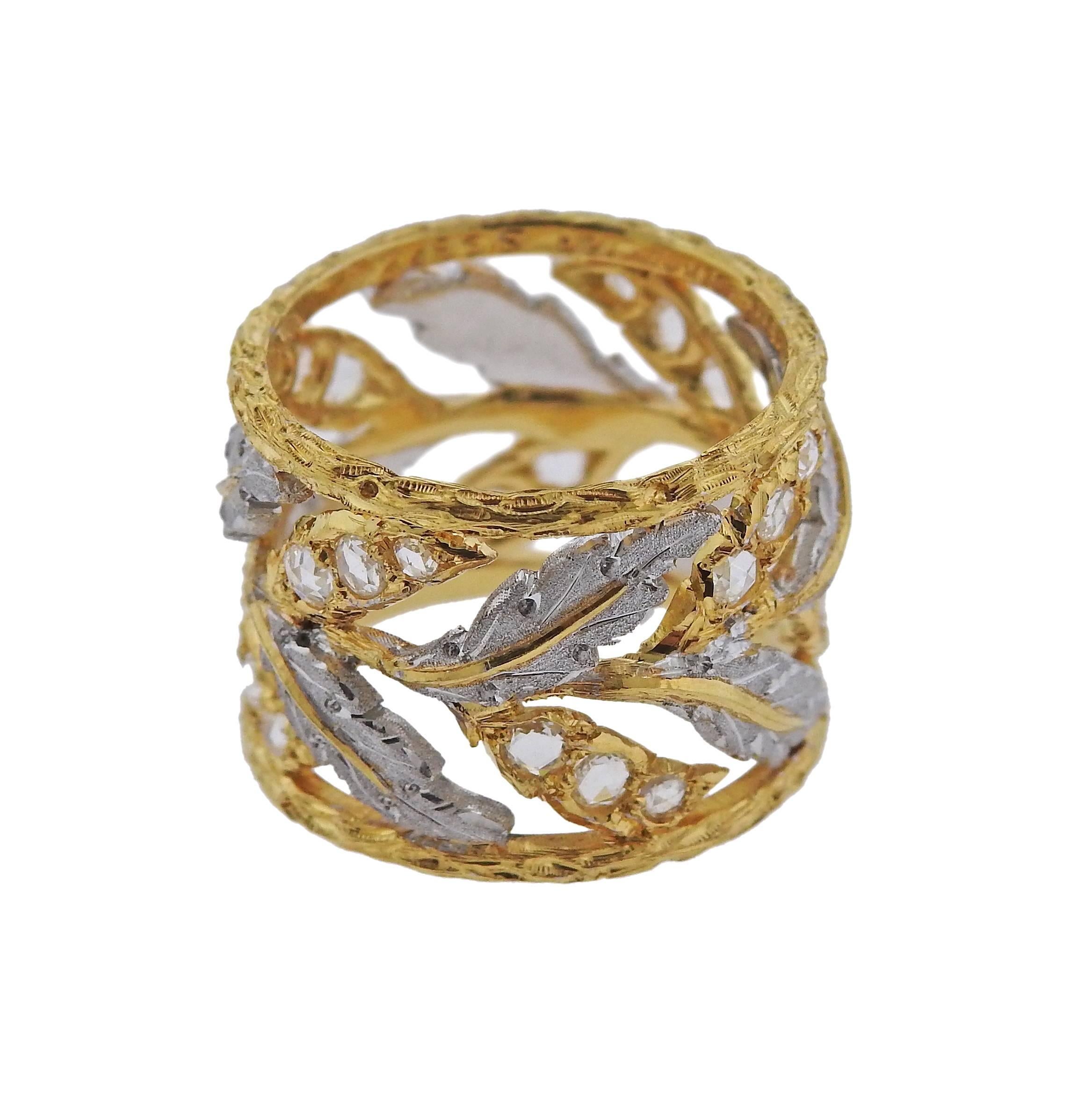 18k gold rose cut diamond wide band ring crafted by Buccellati. Ring is a size 6 and measures 14.5mm wide. Marked S5572, 18k, Buccellati , Italy. Weight is 9.7 grams. Retail is $16900, comes with paperwork.