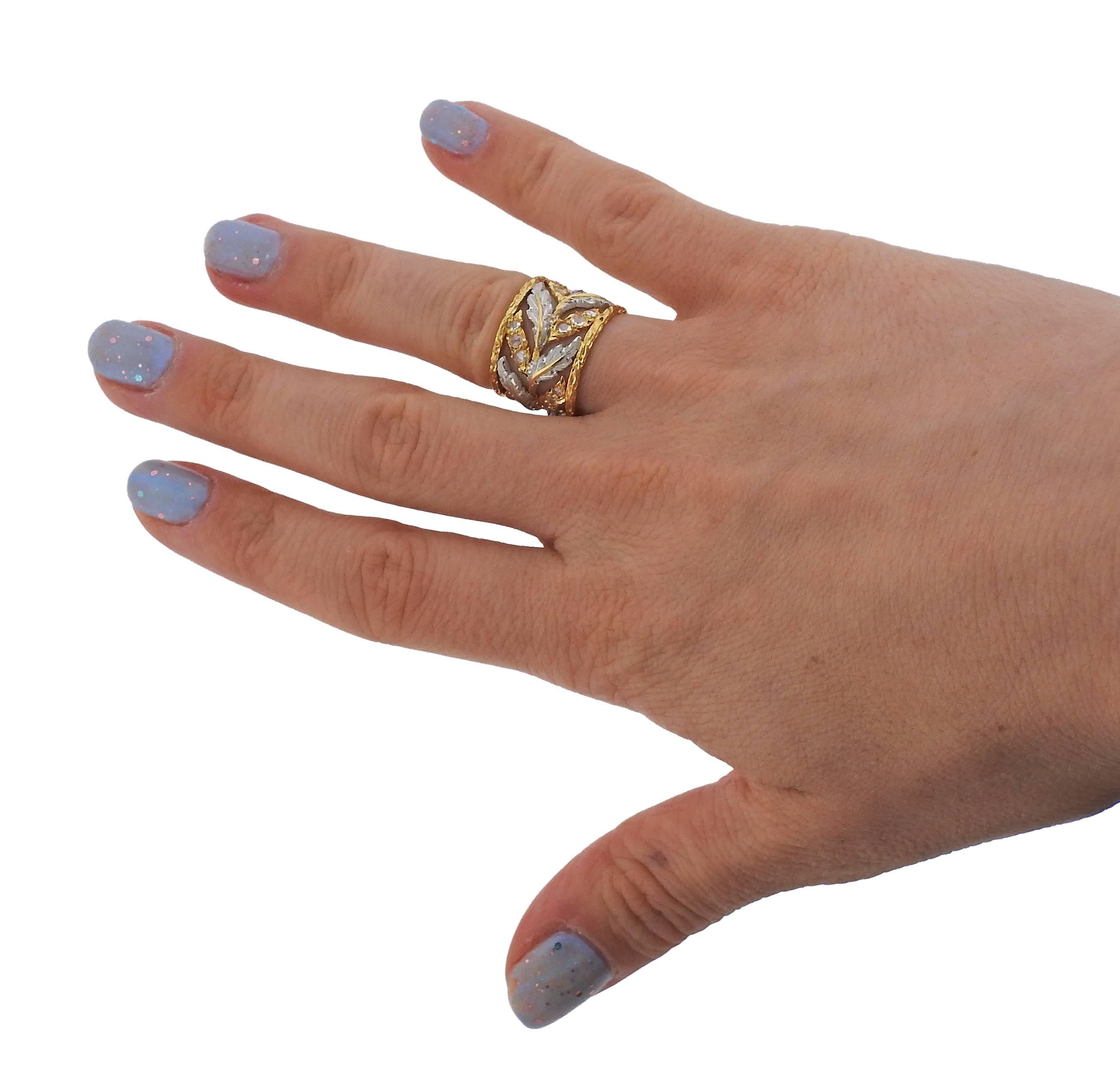 Buccellati Rose Cut Diamond Gold Wide Leaf Ring In New Condition For Sale In Lambertville, NJ