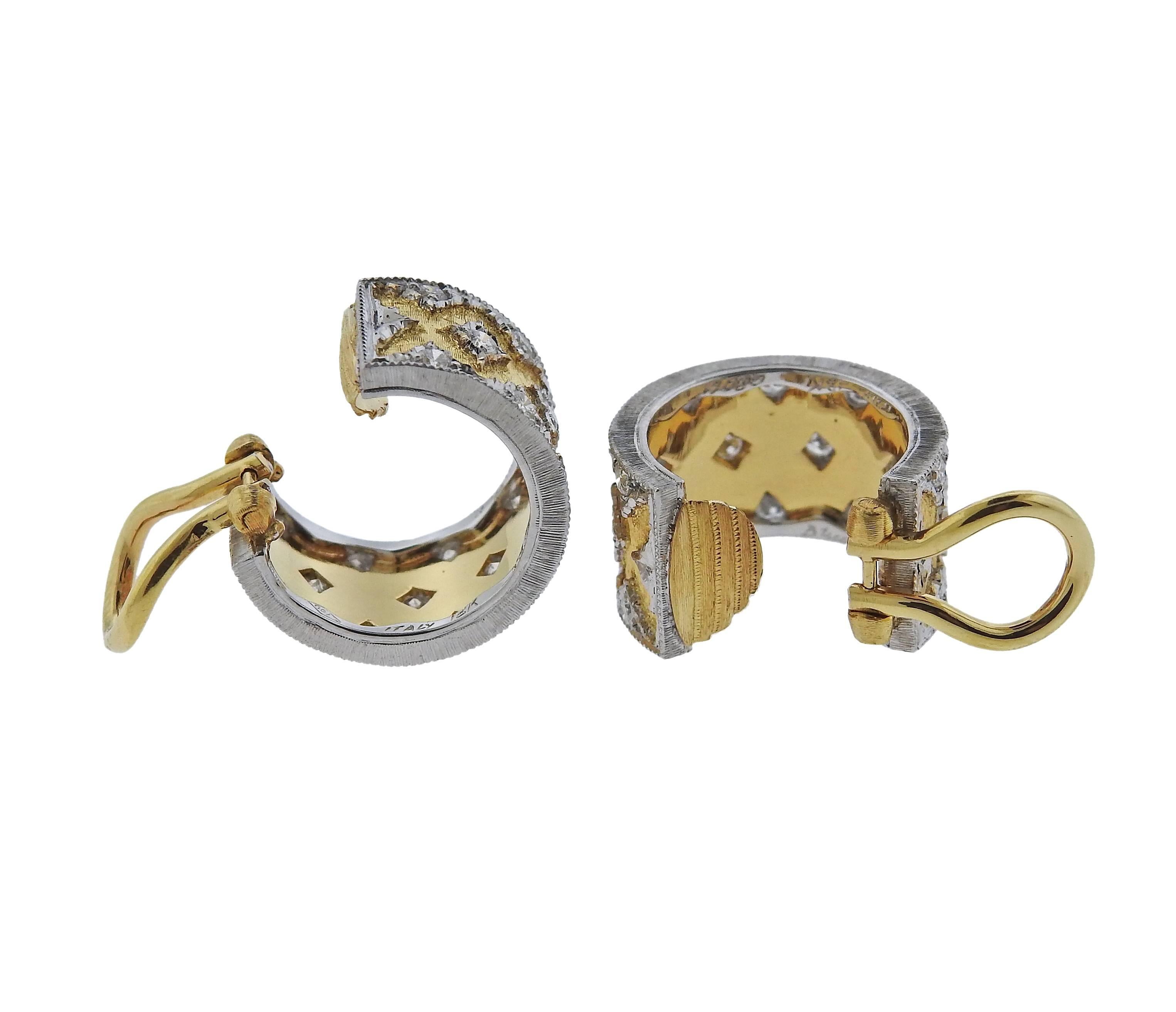 Women's Buccellati Diamond Two Color Gold Hoop Earrings