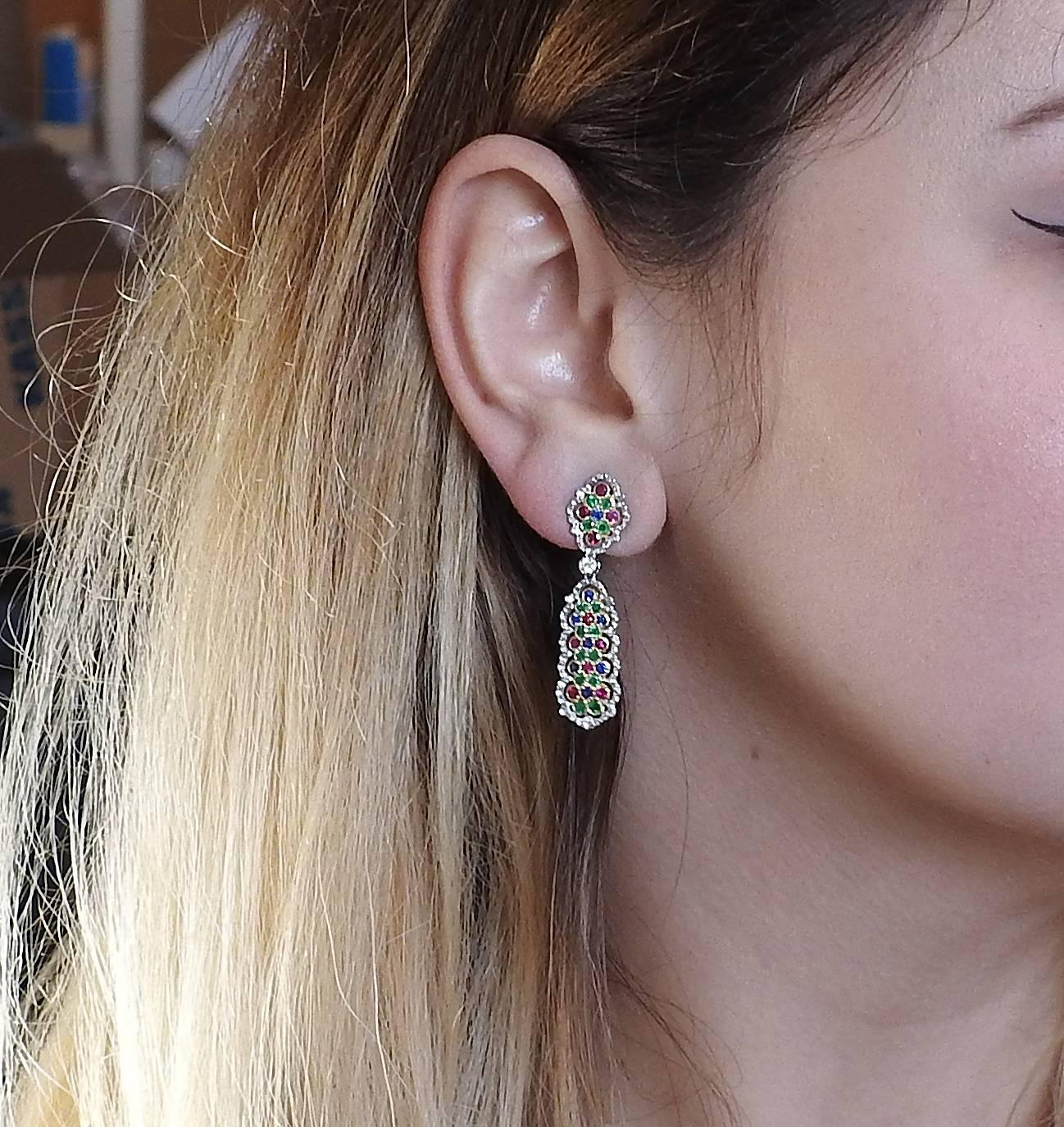Buccellati Sapphire Ruby Emerald Diamond Gold Drop Earrings In New Condition In Lambertville, NJ