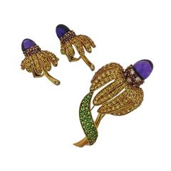 Tiffany & Co. Sapphire Amethyst Tsavorite Diamond  Earrings Brooch Set