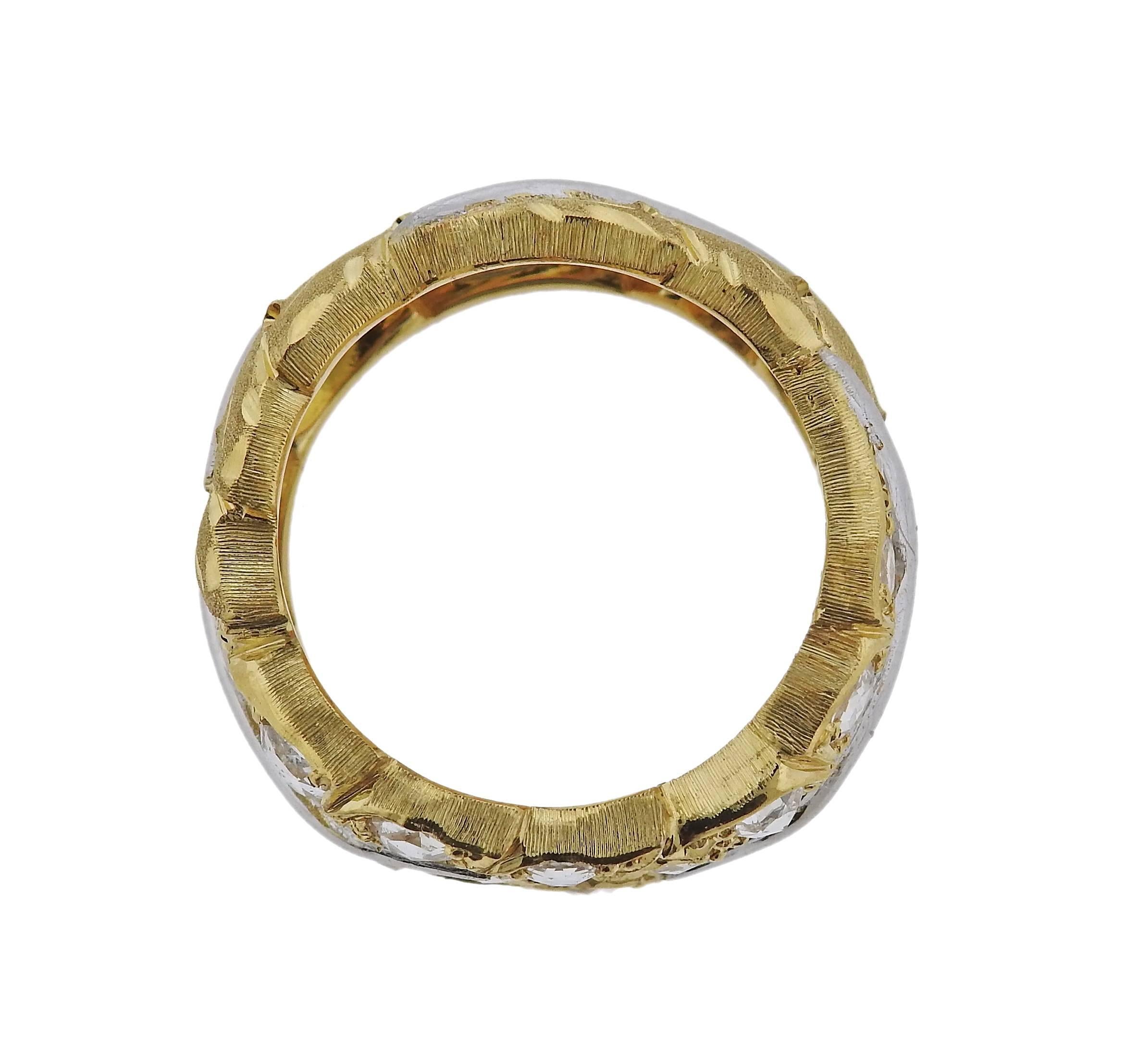 18k gold rose cut diamond band ring crafted by Buccellati. Ring is a size 6.25 and measures 10mm wide. Marked Buccellati, Italy, 18k, 750, T4297, Italy. Weight is 9.8 grams. Ring retails for $16200, comes with Buccellati paperwork.