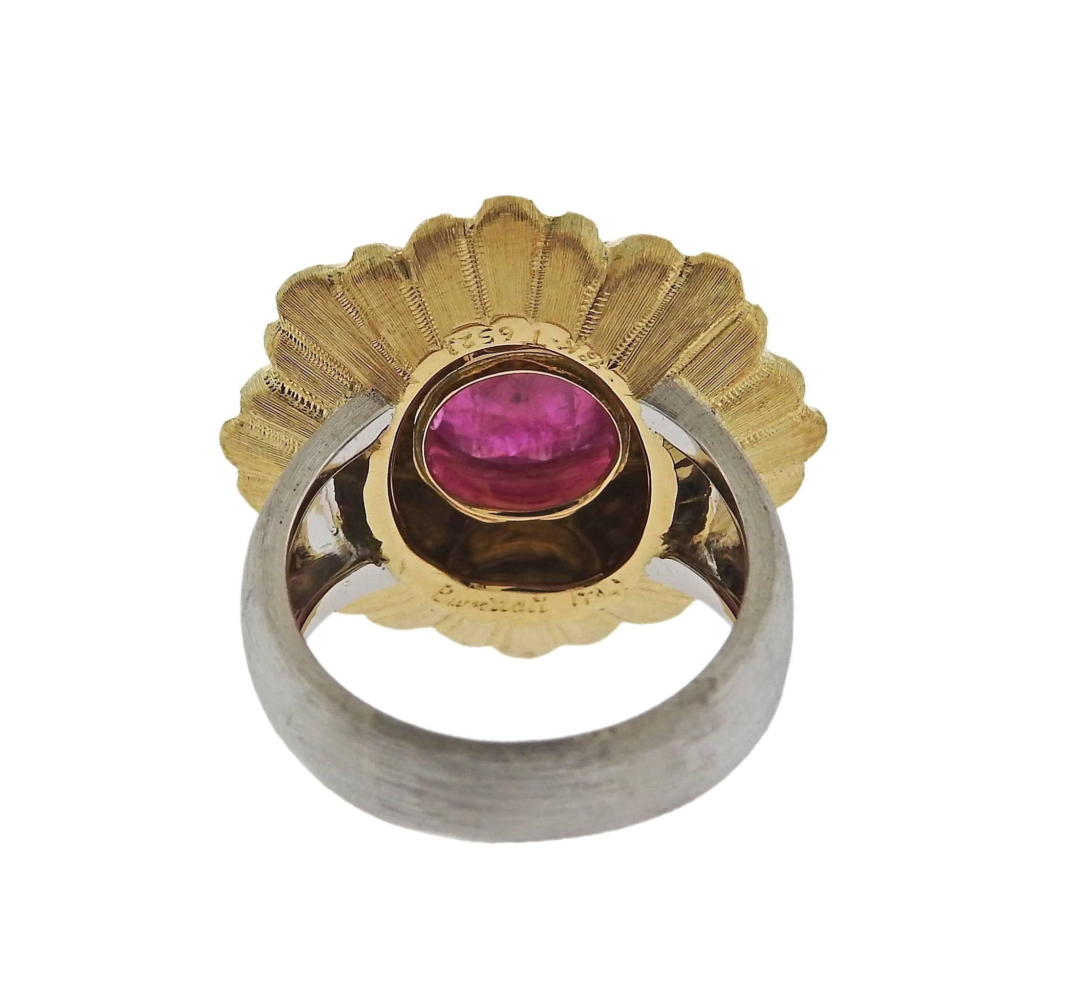 18k gold ring crafted by Buccellati featuring a 1.65ct ruby center. Ring is a size 6.25, ring top is 23mm x 23mm. Marked T6523, Ialy, 18k, Buccellati . Weight is 12.3 grams. Comes with Buccellati paperwork and retails for $23,900.