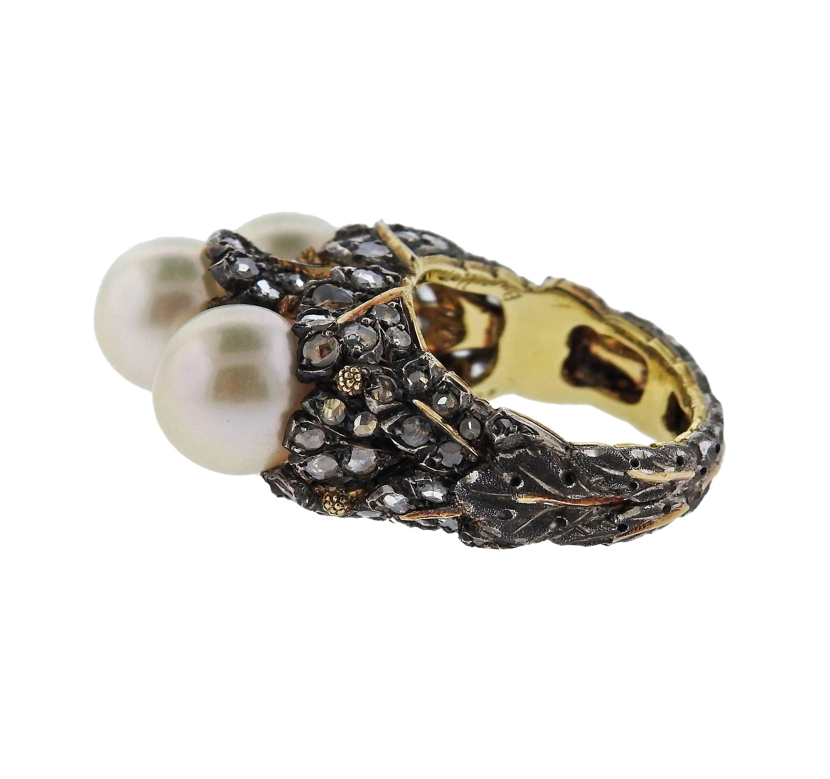 Buccellati Gold Silver Rose Cut Diamond Pearl Ring In New Condition For Sale In Lambertville, NJ