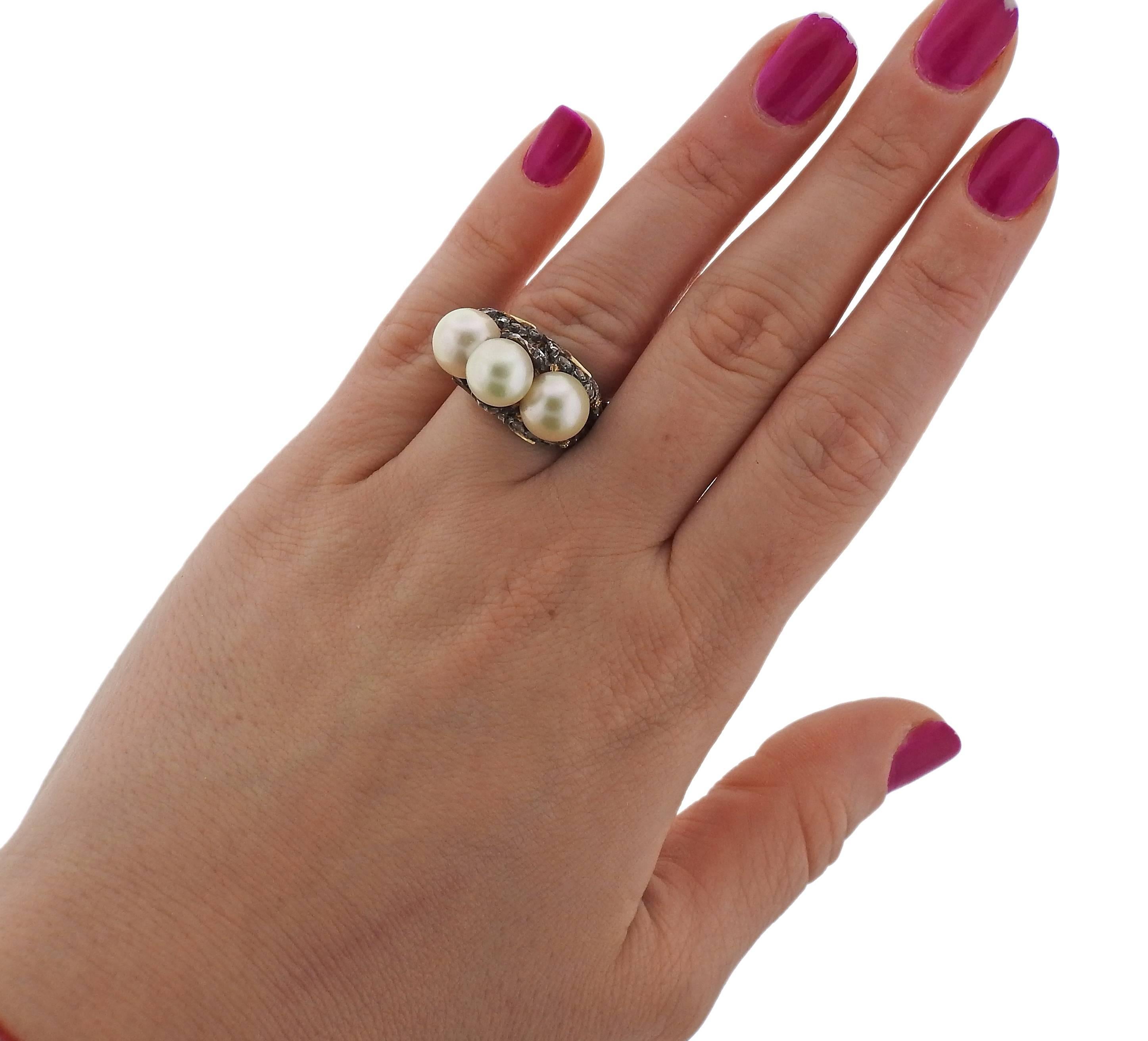Women's Buccellati Gold Silver Rose Cut Diamond Pearl Ring For Sale