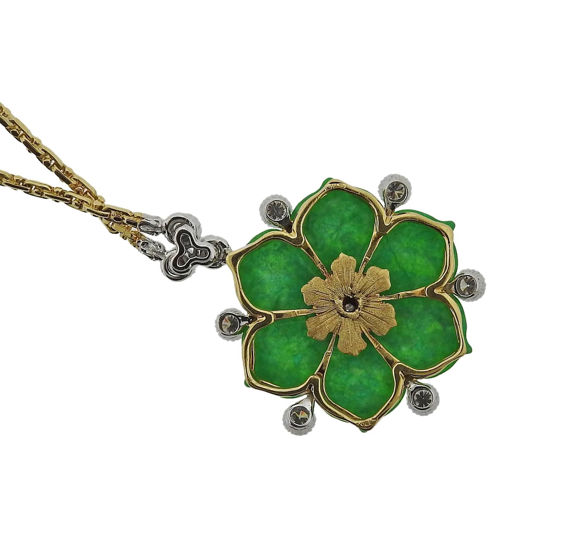 Buccellati Gold Diamond Jade Flower Pendant Necklace In New Condition In Lambertville, NJ