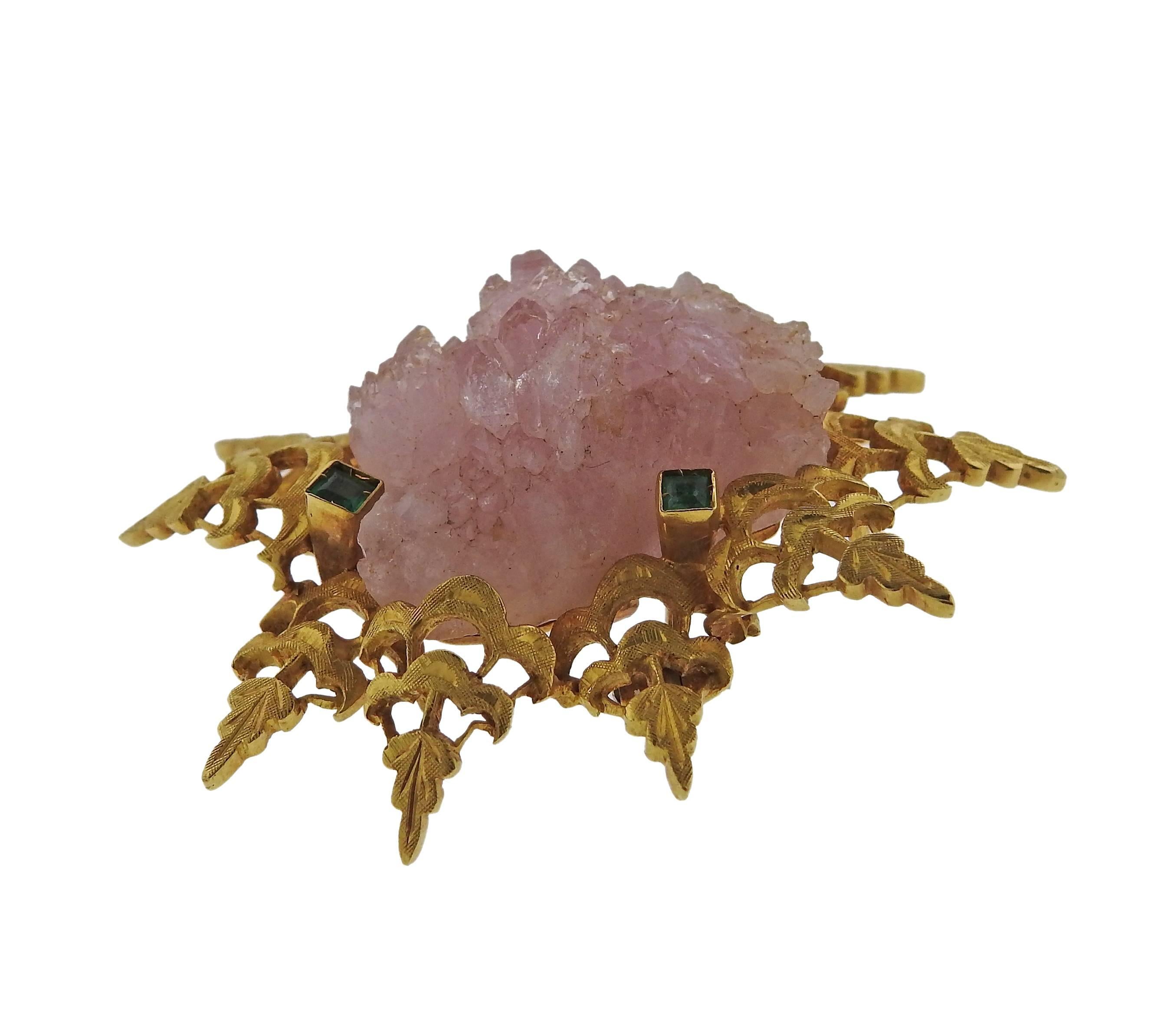 1970s Spritzer & Furman Gold Rose Quartz Emerald Brooch Pin In Excellent Condition In Lambertville, NJ