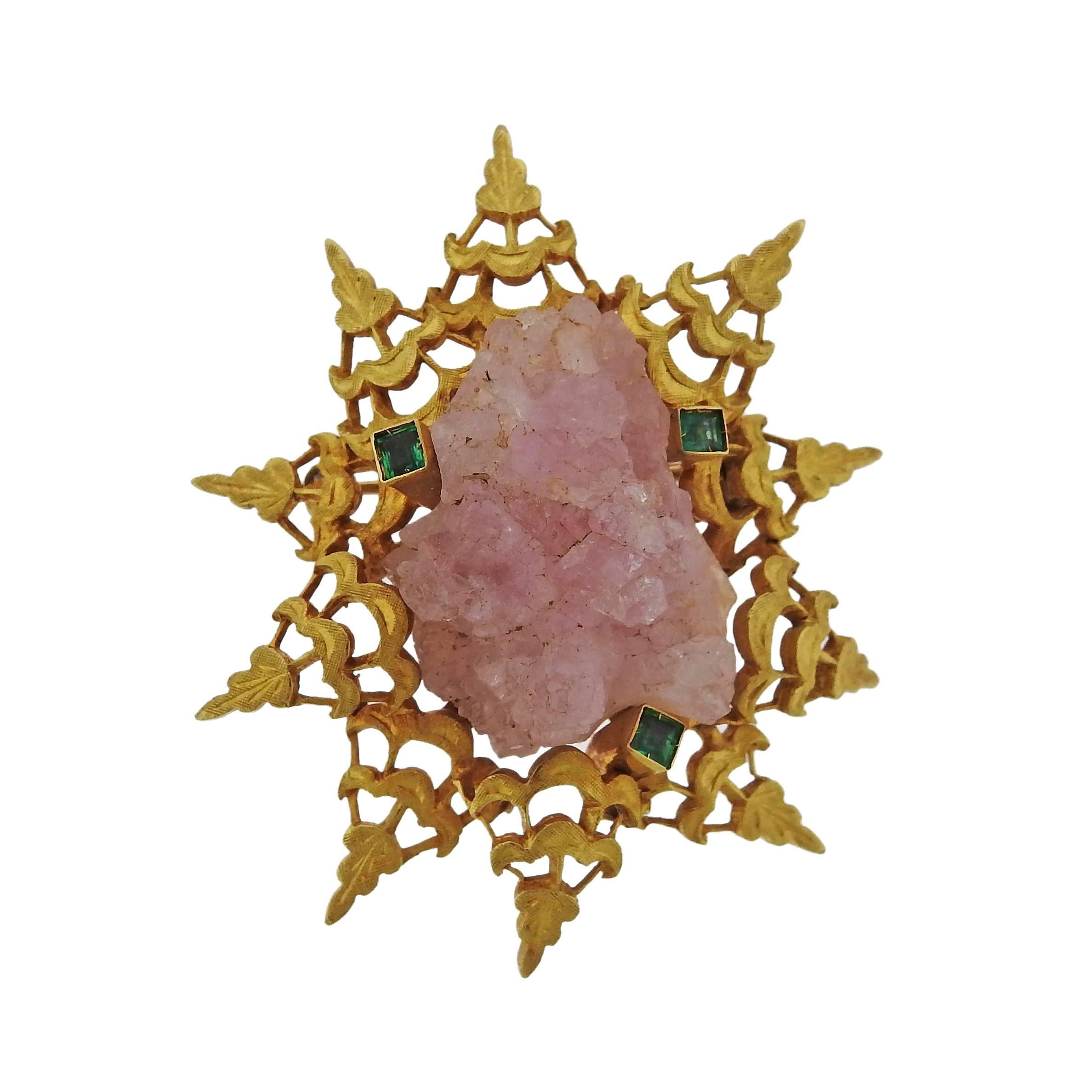 1970s Spritzer & Furman Gold Rose Quartz Emerald Brooch Pin