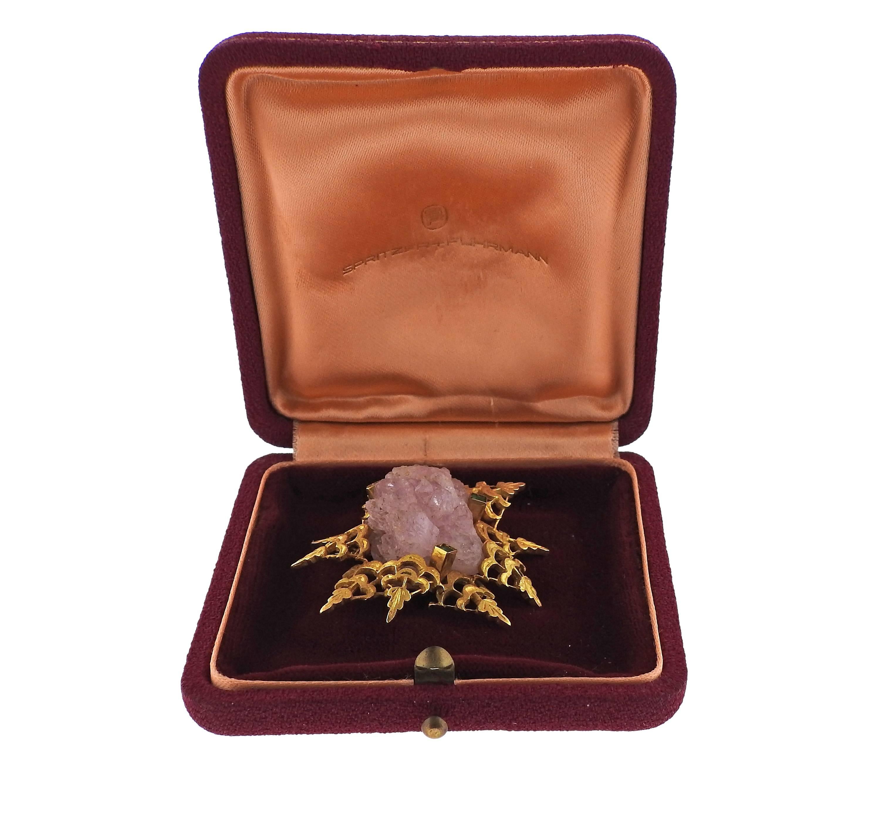 1970s Spritzer & Furman Gold Rose Quartz Emerald Brooch Pin 1