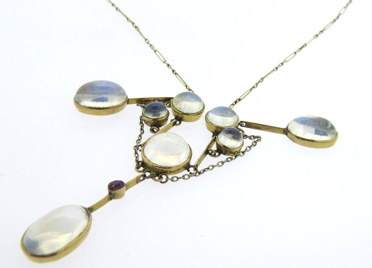Victorian delicate gold necklace, featuring moonstone cabochons. Necklace is 16 3/4