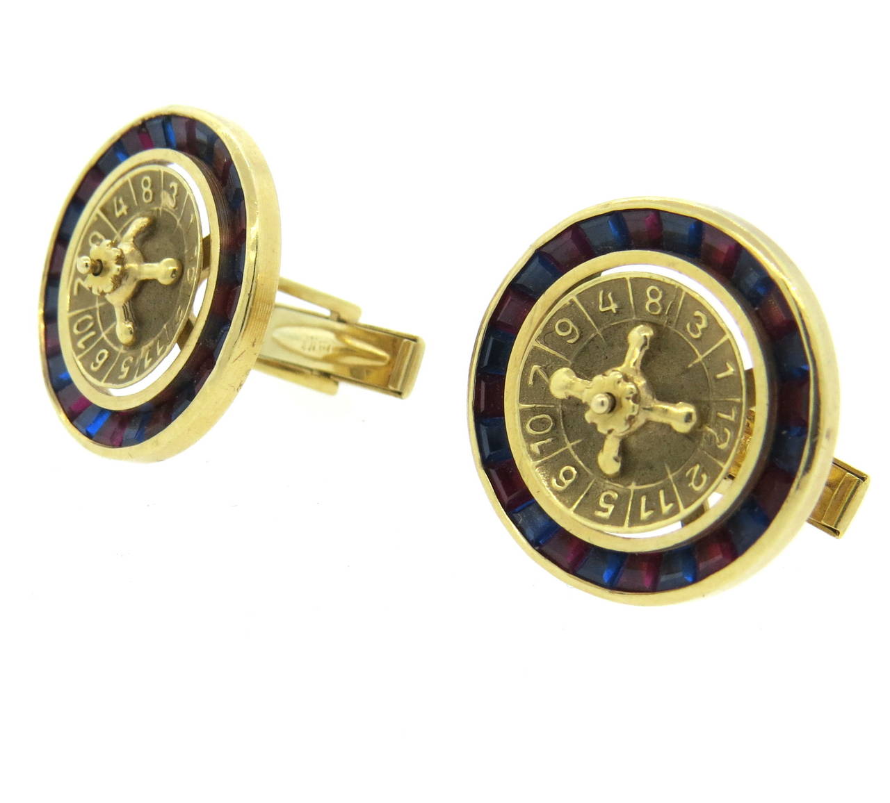 Sapphire Ruby Gold Casino Roulette Cufflinks In Excellent Condition In Lambertville, NJ