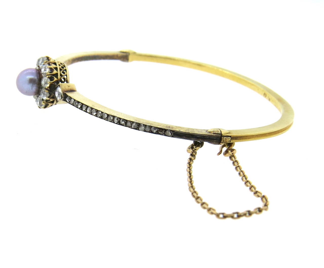 Victorian Natural Pearl Diamond Gold Bangle Bracelet