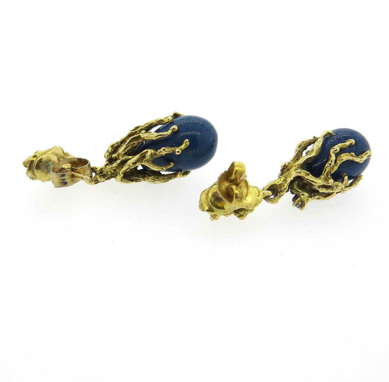 1970s Blue Stone Diamond Gold Drop Earrings