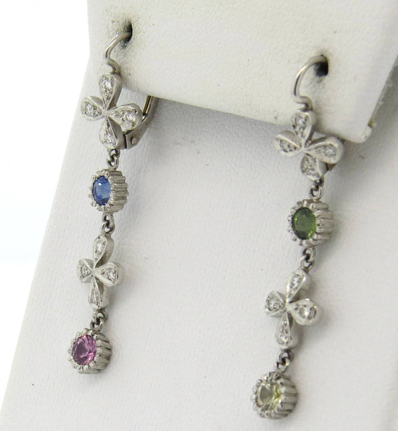 Cathy Waterman Multicolor Sapphire Diamond Platinum Daisy Earrings In Excellent Condition In Lambertville, NJ