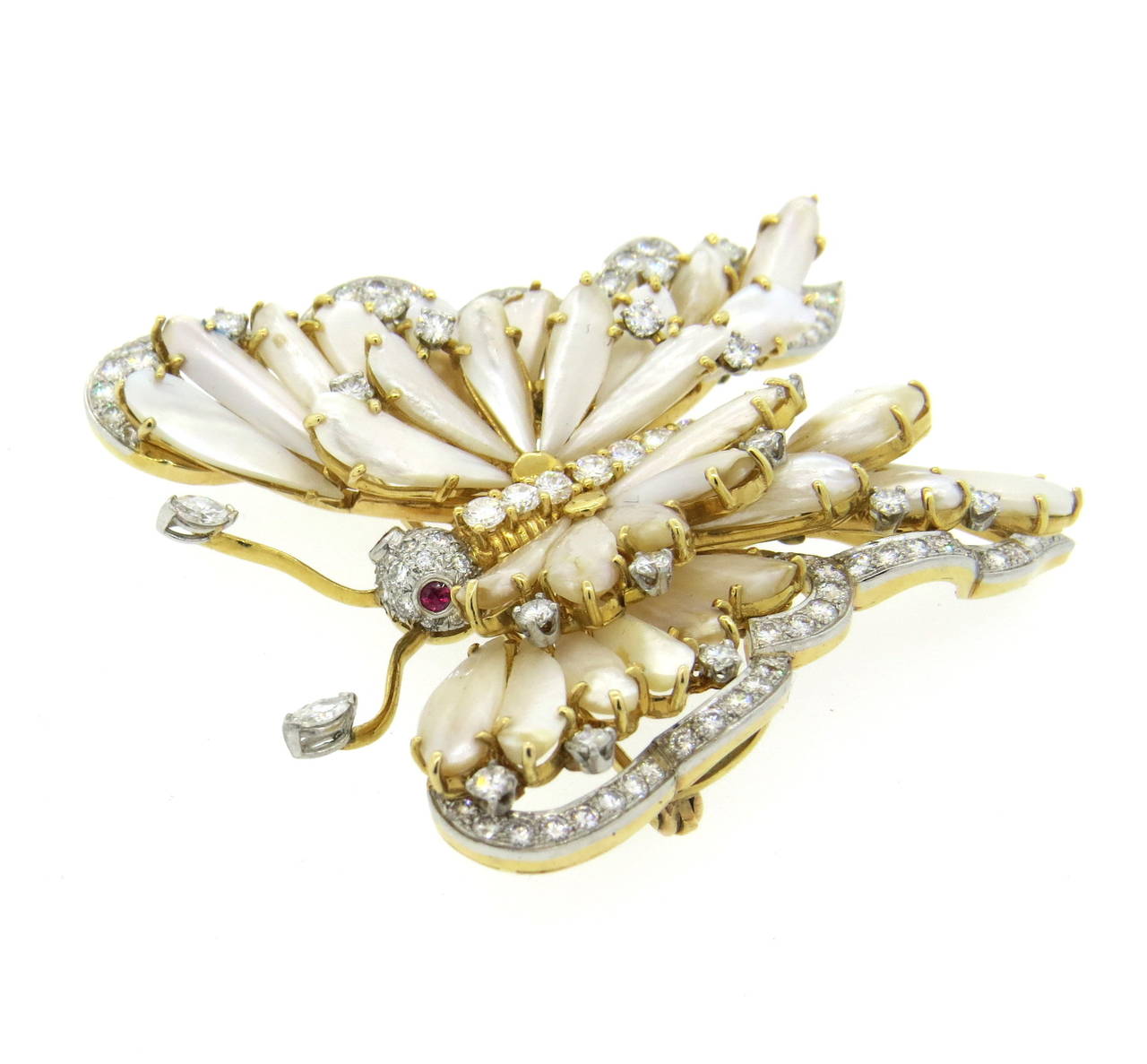 Impressive Mississippi Pearl Ruby Diamond Gold Butterfly Brooch In Excellent Condition In Lambertville, NJ