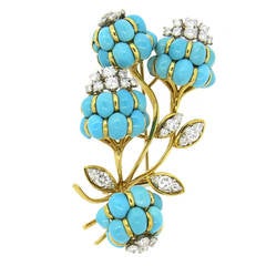 1960s Elegant Turquoise Diamond Gold Brooch Pin