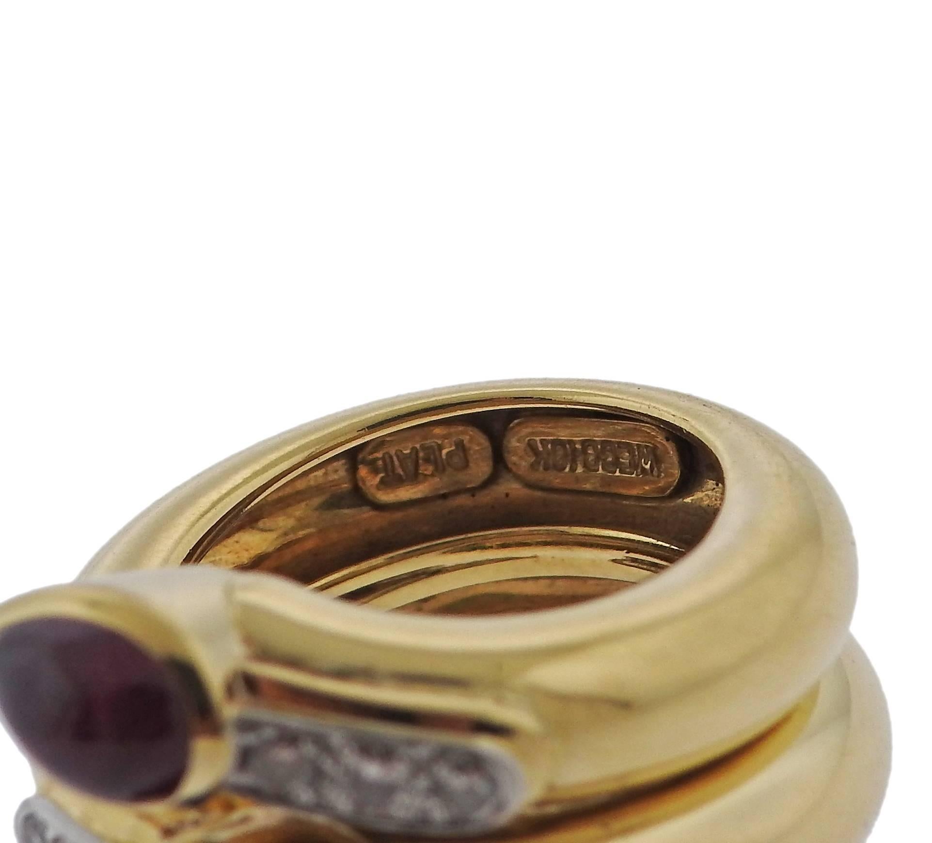 18k gold and platinum ring, crafted by David Webb, decorated with ruby, sapphire and emerald cabochons, surrounded with approx. 0.40ctw in diamonds. Ring size - 6 1/2, ring top is 24mm wide, weight - 23.1 grams. Marked: Webb, 18k, Plat 