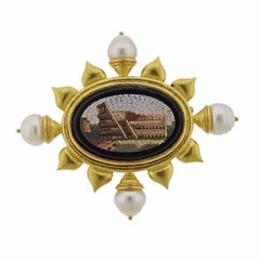 Large Elizabeth Locke Gold Pearl Micro Mosaic Brooch Pin 12