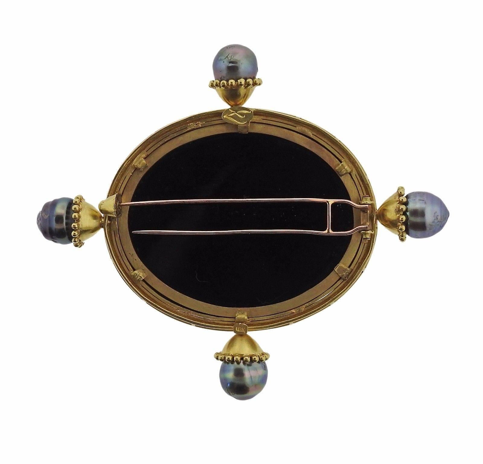 Elizabeth Locke Large Gold Pearl Brooch Pin In Excellent Condition In Lambertville, NJ