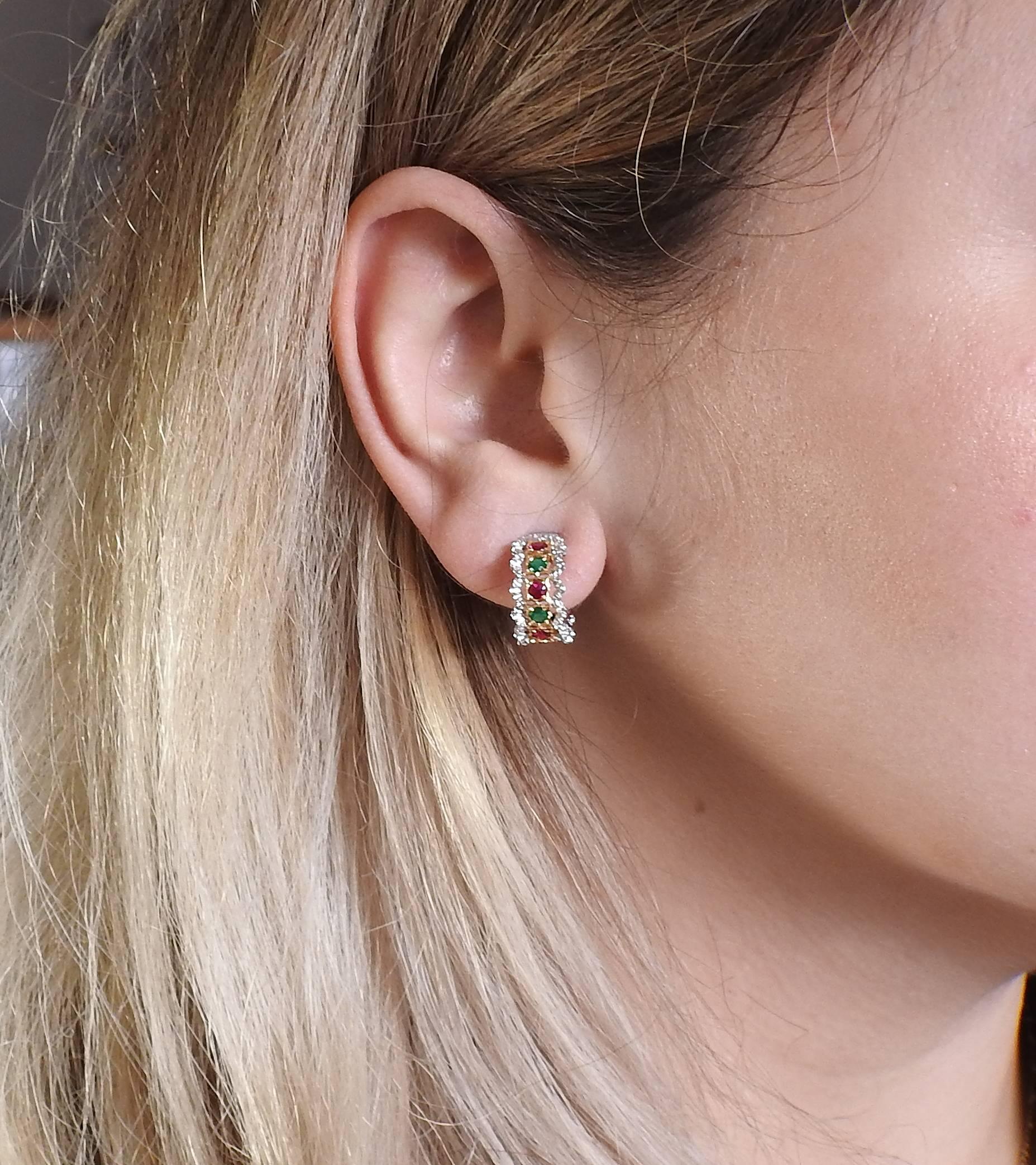 Buccellati Gold Ruby Emerald Hoop Earrings 1