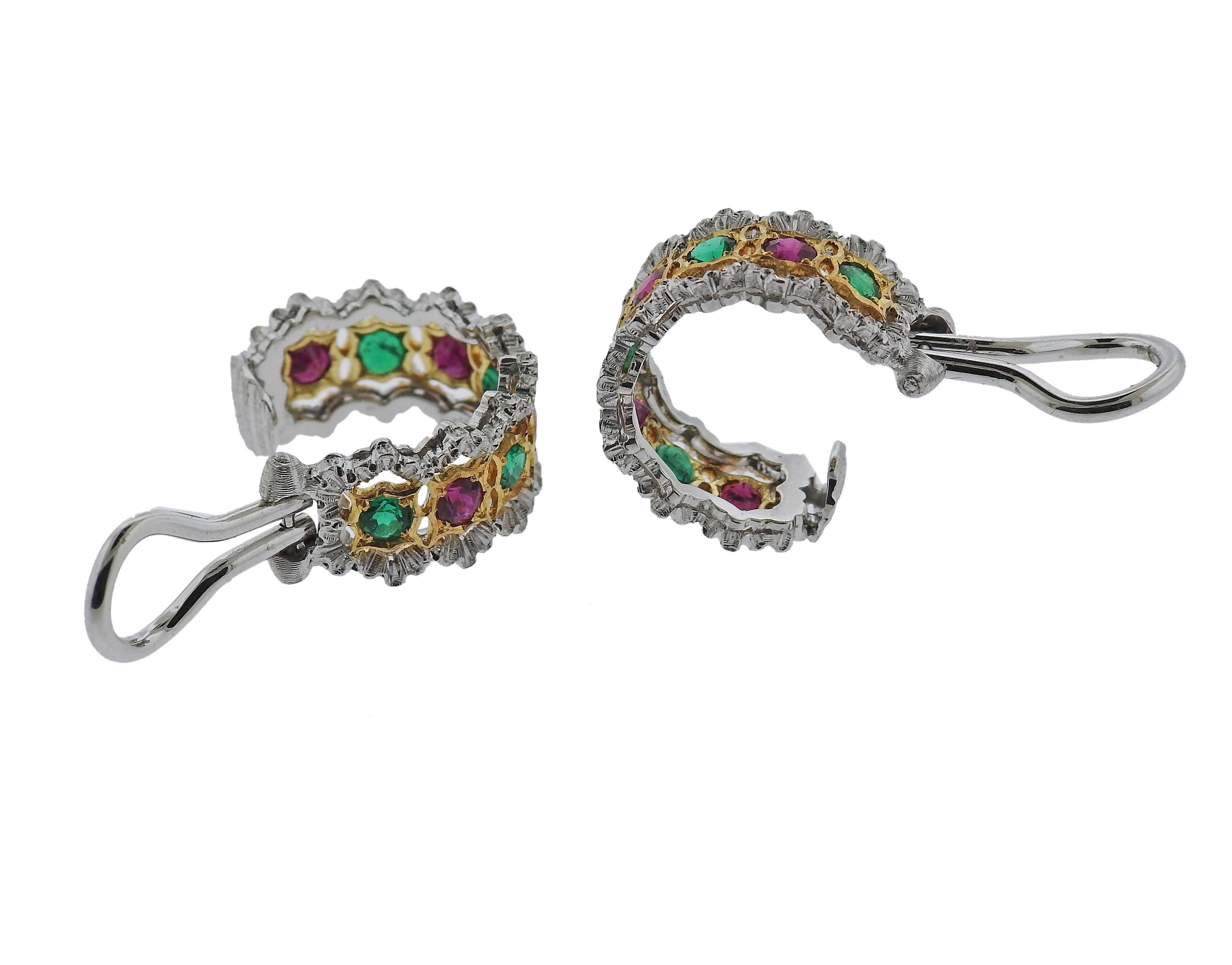 Women's or Men's Buccellati Gold Ruby Emerald Hoop Earrings