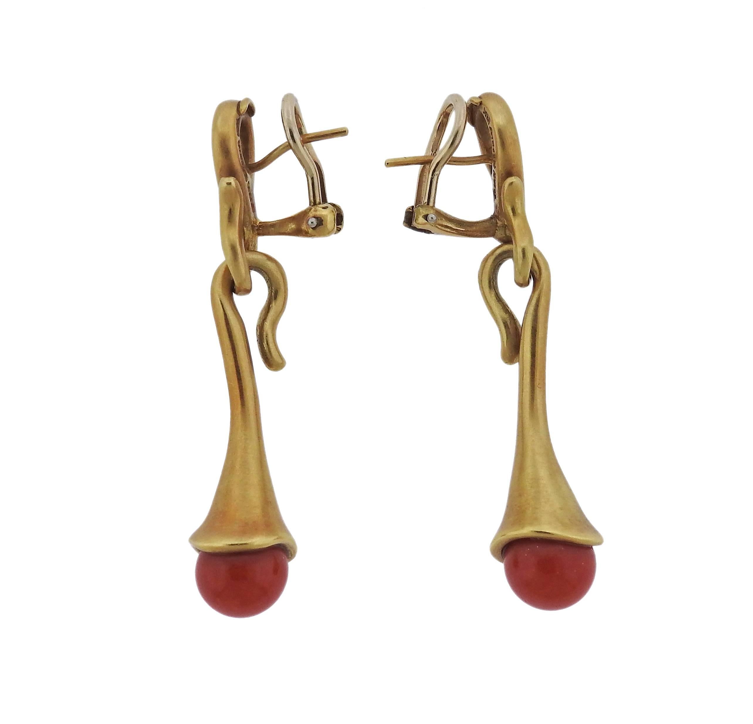 1990s Angela Cummings Gold Coral Drop Earrings 1