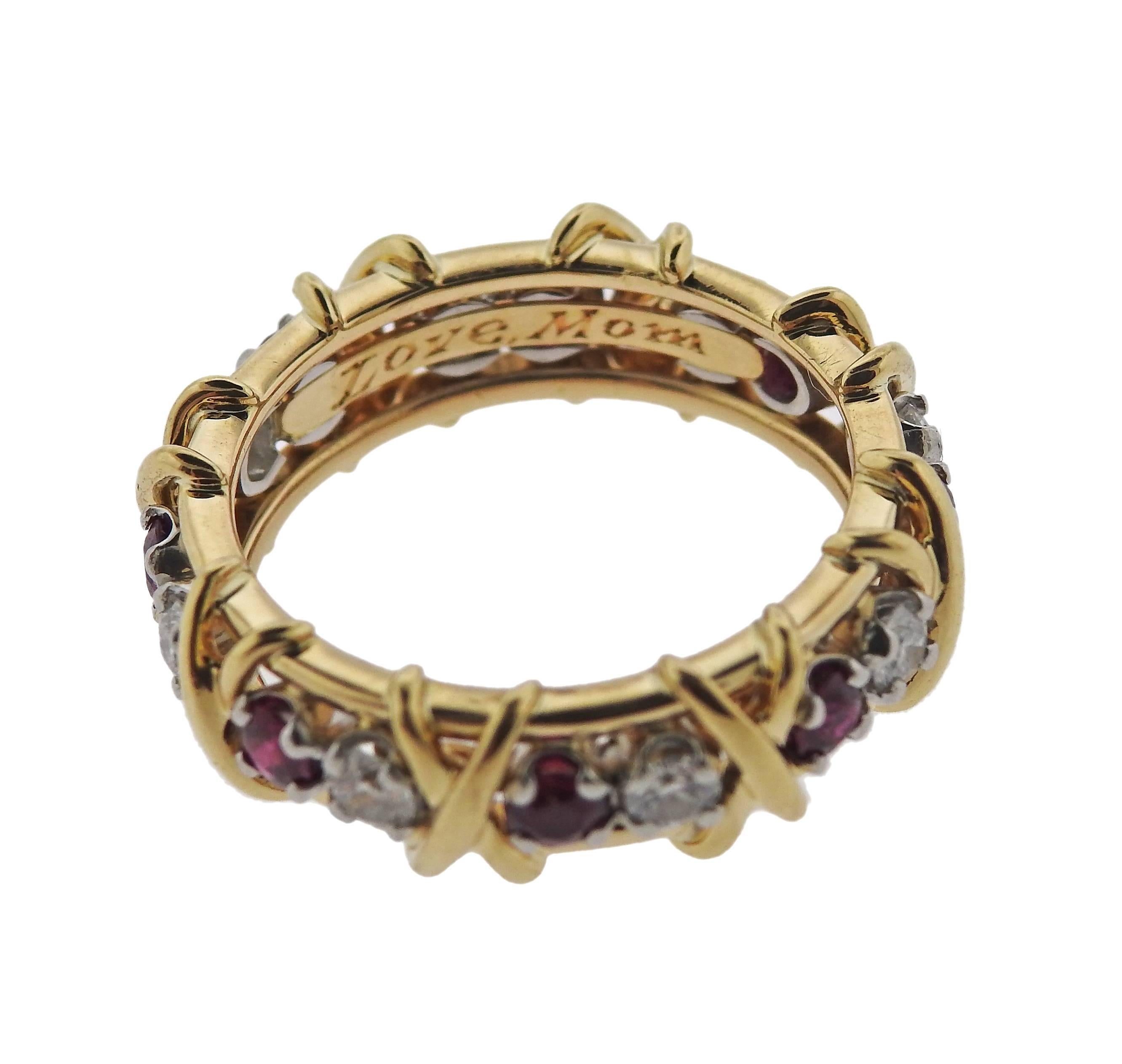 Classic Sixteen stone ring, created by Jean Schlumberger for Tiffany & Co, set in 18k yellow gold and platinum, featuring 0.65ctw in diamonds and rubies. Ring size - 7, ring is 6.7mm wide, marked: pt950, 750, Tiffany & Co, Schlumberger