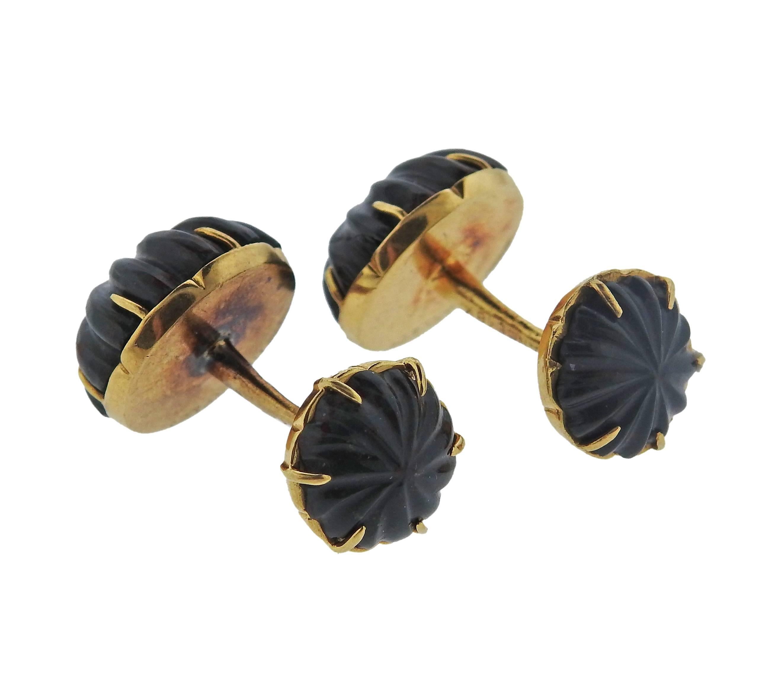 Men's French Tiffany & Co. Gold Carved Bloodstone Cufflinks For Sale